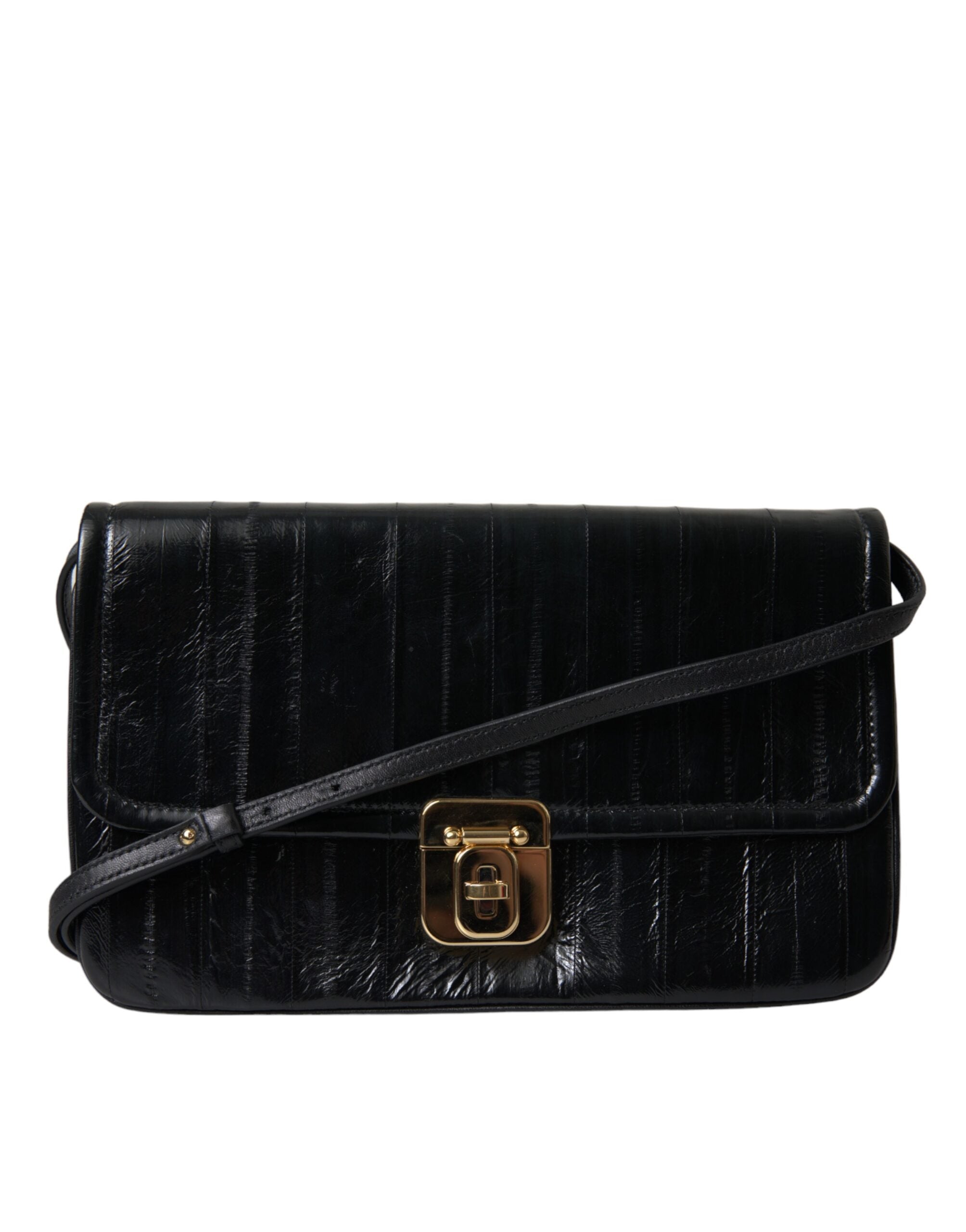 Black Eelskin Leather Shoulder Document Organizer Bag - ventzia
