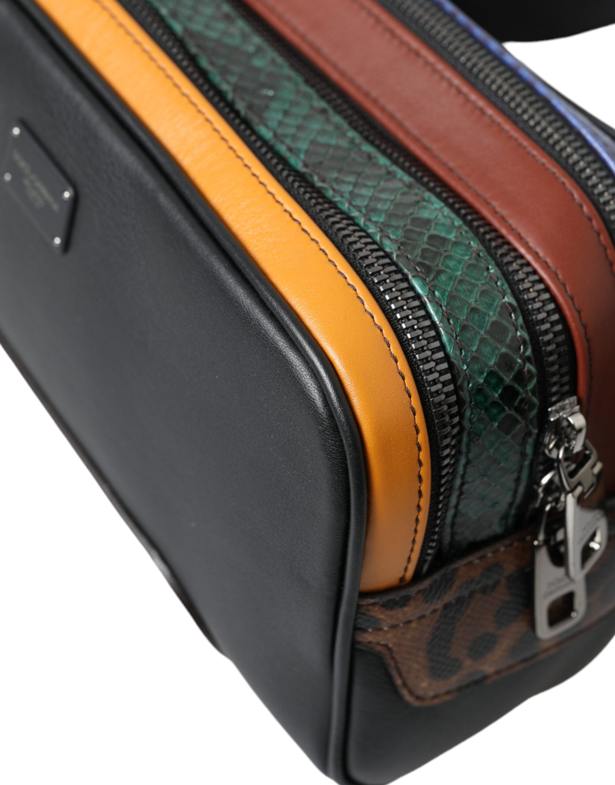 Black Exotic Leather Logo Belt Waist Fanny Pack Bag - ventzia