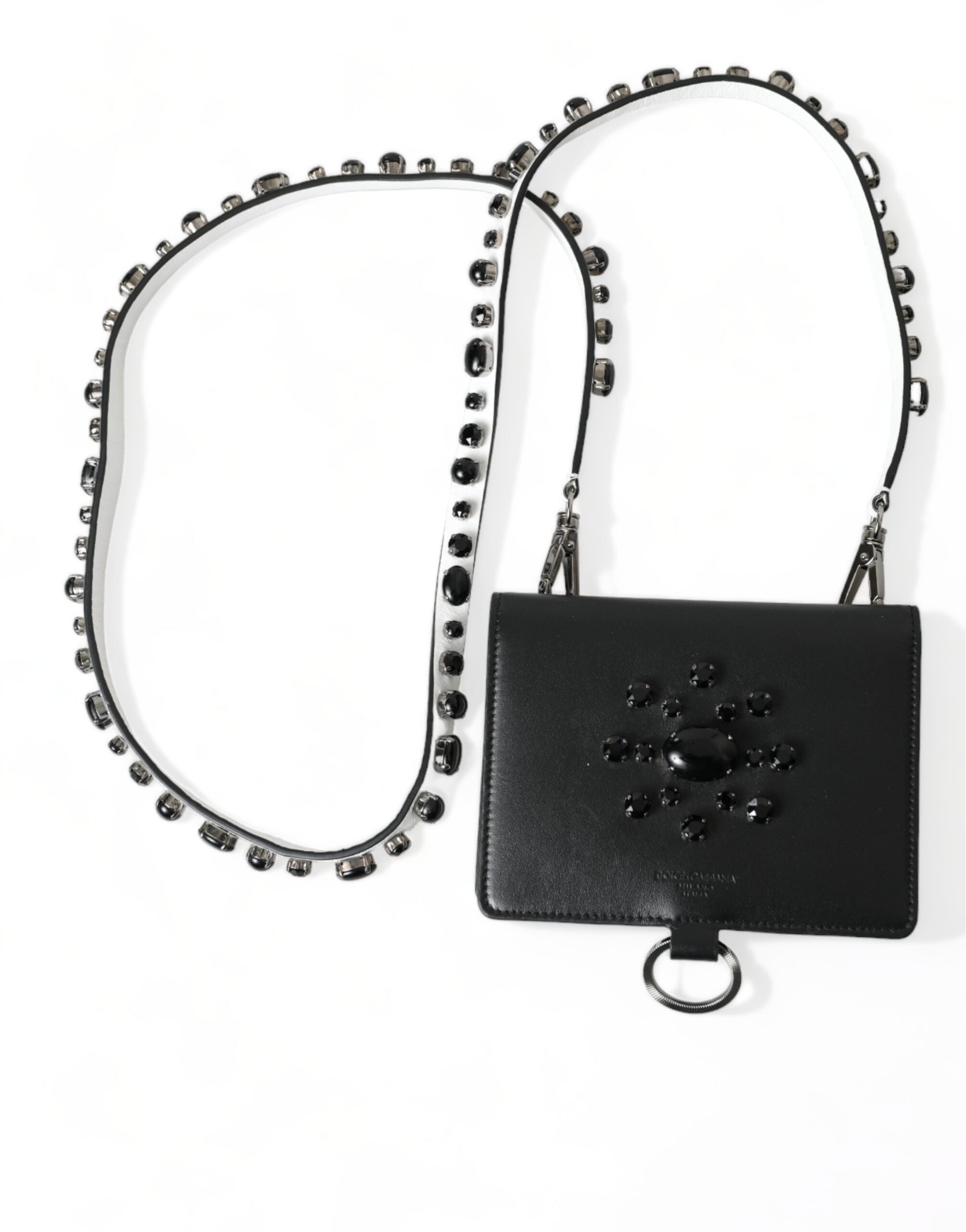 Black Leather Crystal Embellished Card Holder Wallet - ventzia