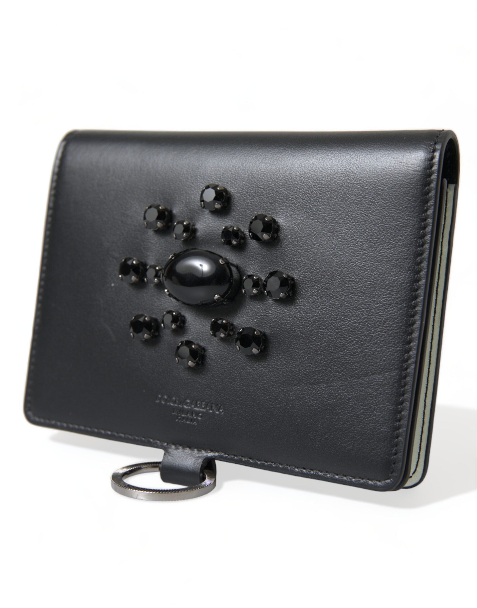 Black Leather Crystal Embellished Card Holder Wallet - ventzia