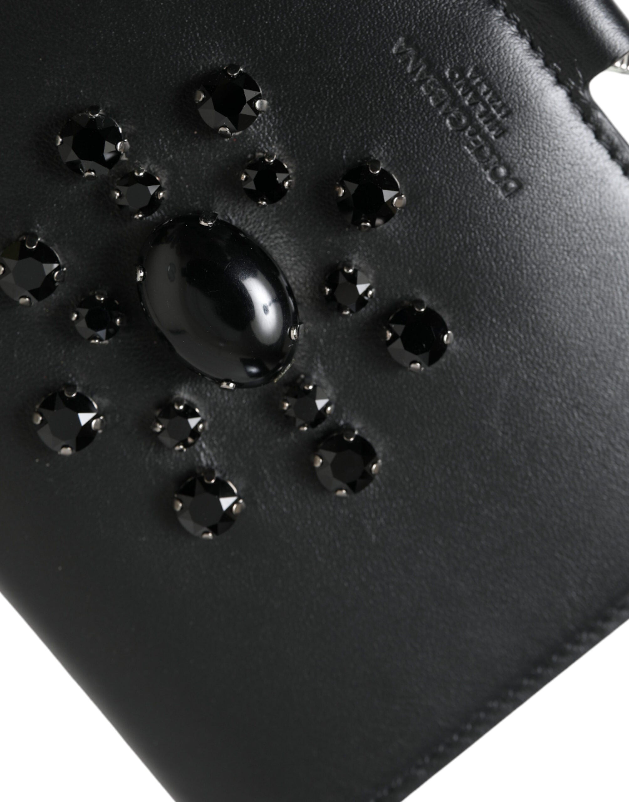 Black Leather Crystal Embellished Card Holder Wallet - ventzia