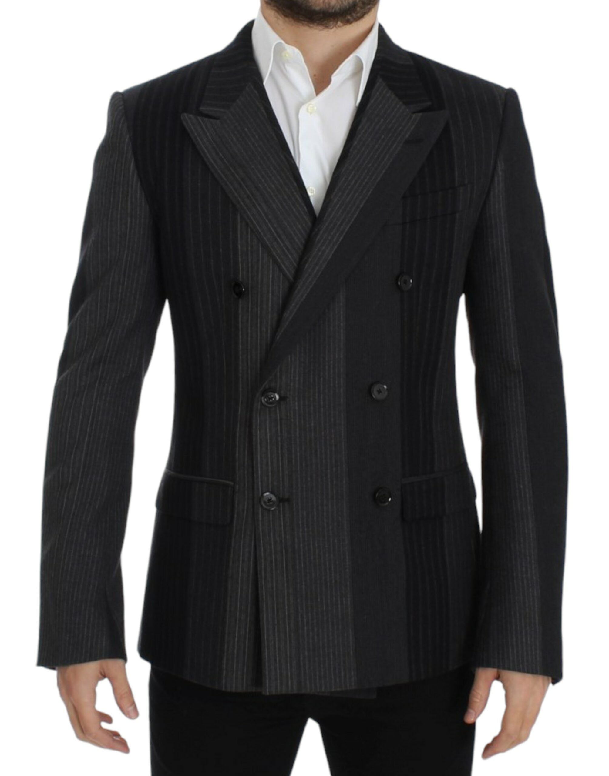 Elegant Gray Striped Wool Slim Blazer - ventzia