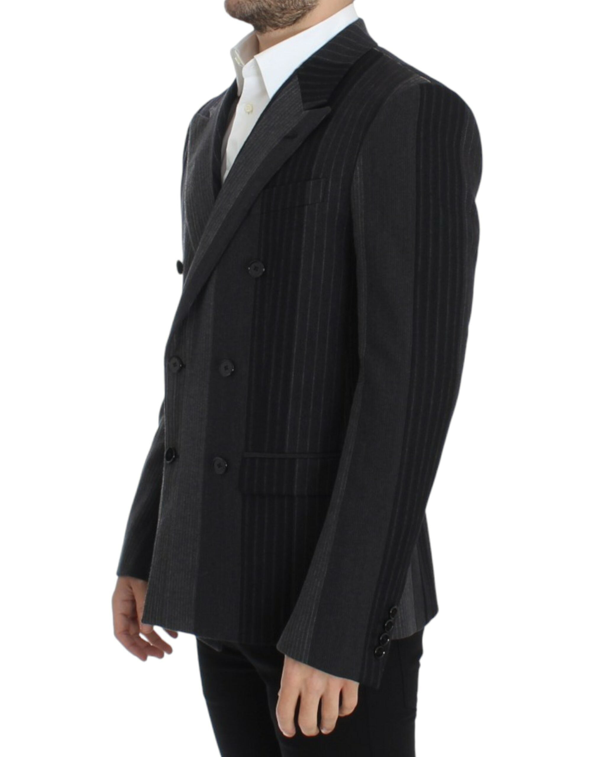 Elegant Gray Striped Wool Slim Blazer - ventzia