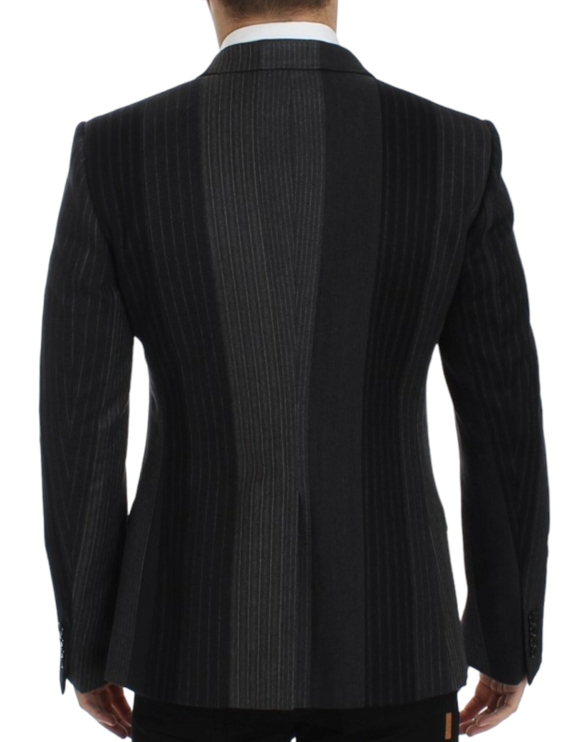 Elegant Gray Striped Wool Slim Blazer - ventzia