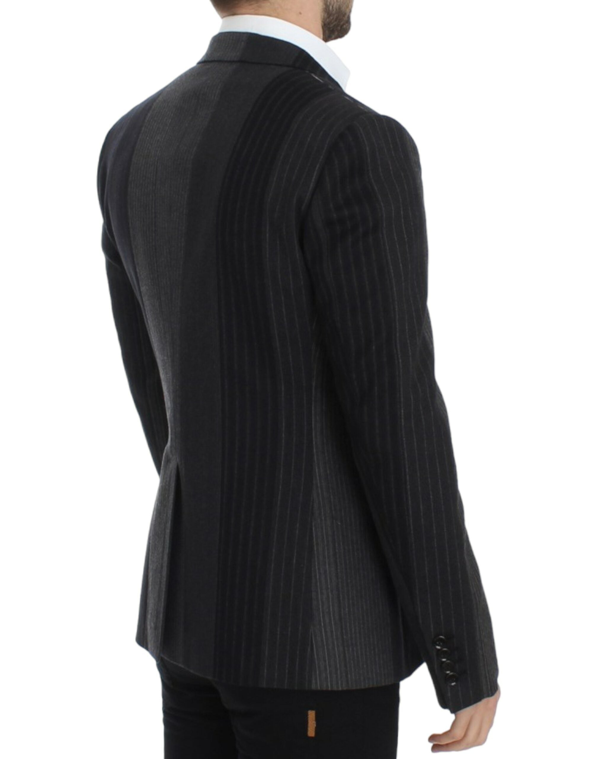 Elegant Gray Striped Wool Slim Blazer - ventzia