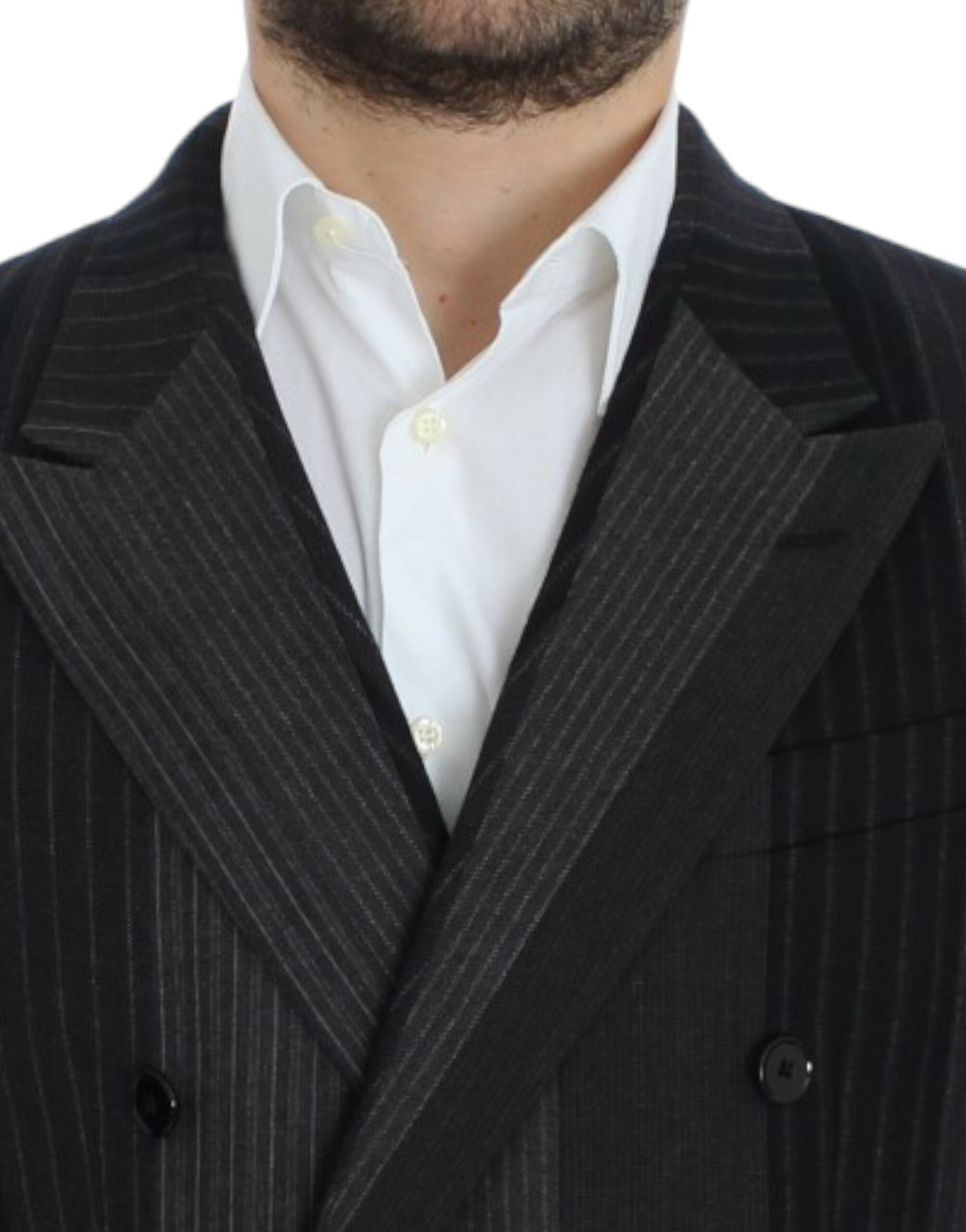 Elegant Gray Striped Wool Slim Blazer - ventzia