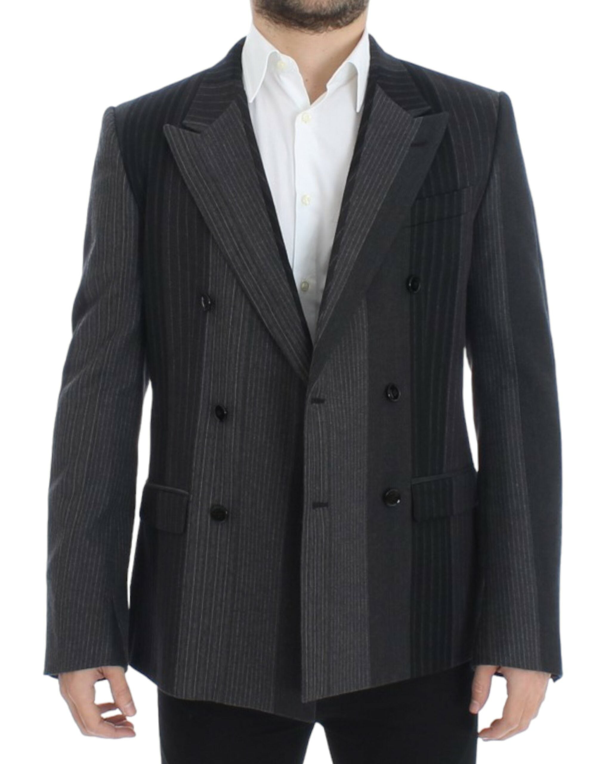 Elegant Gray Striped Wool Slim Blazer - ventzia