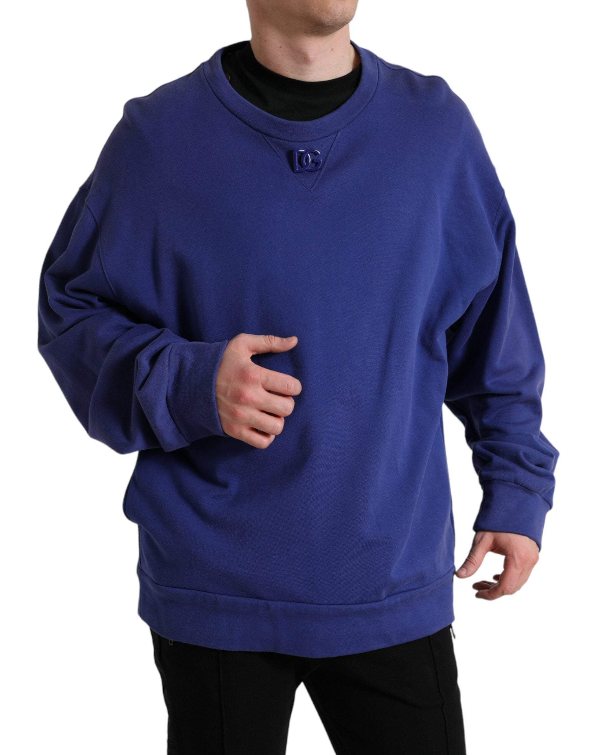 Royal Blue Cotton Crewneck Pullover Sweater - ventzia