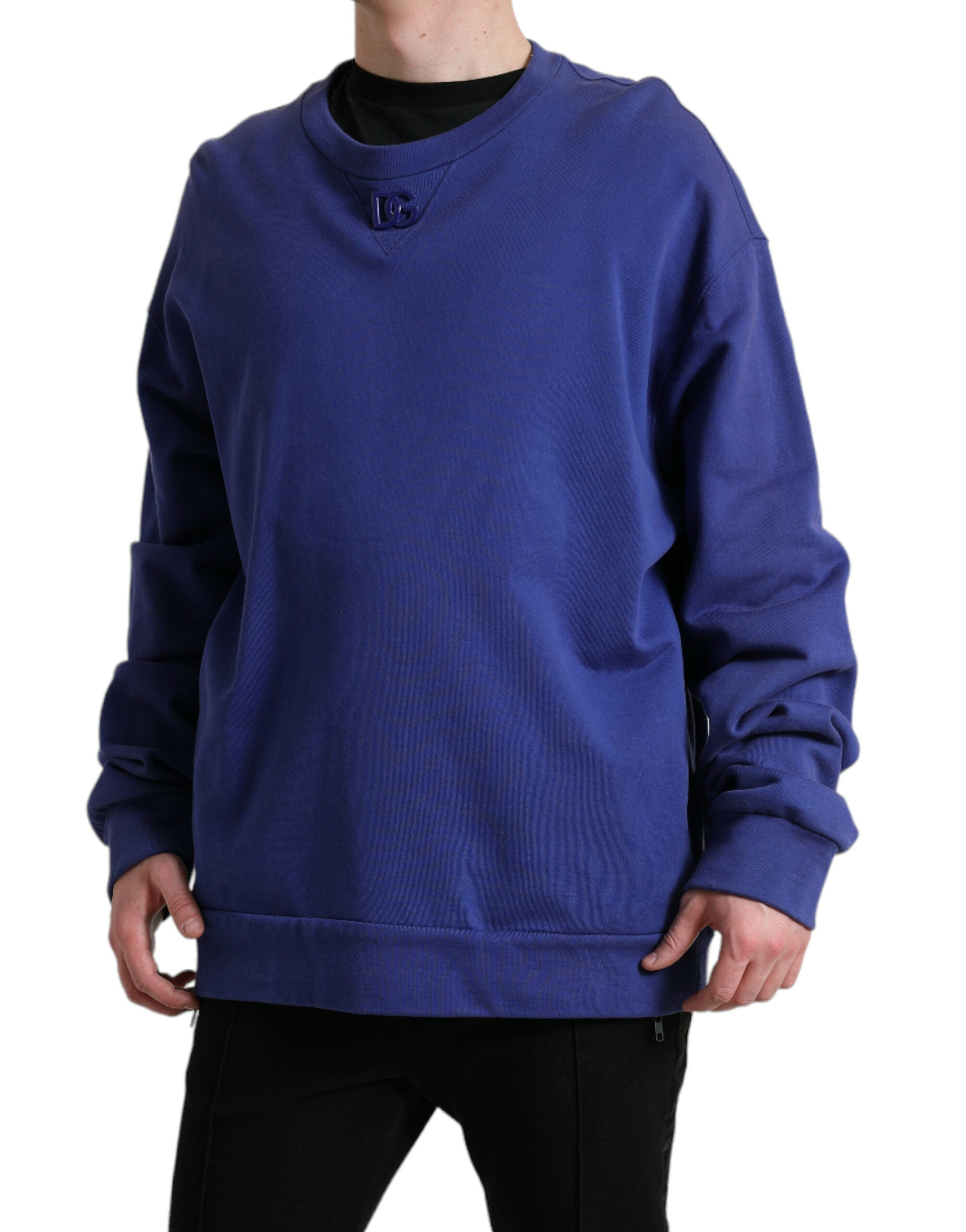 Royal Blue Cotton Crewneck Pullover Sweater - ventzia