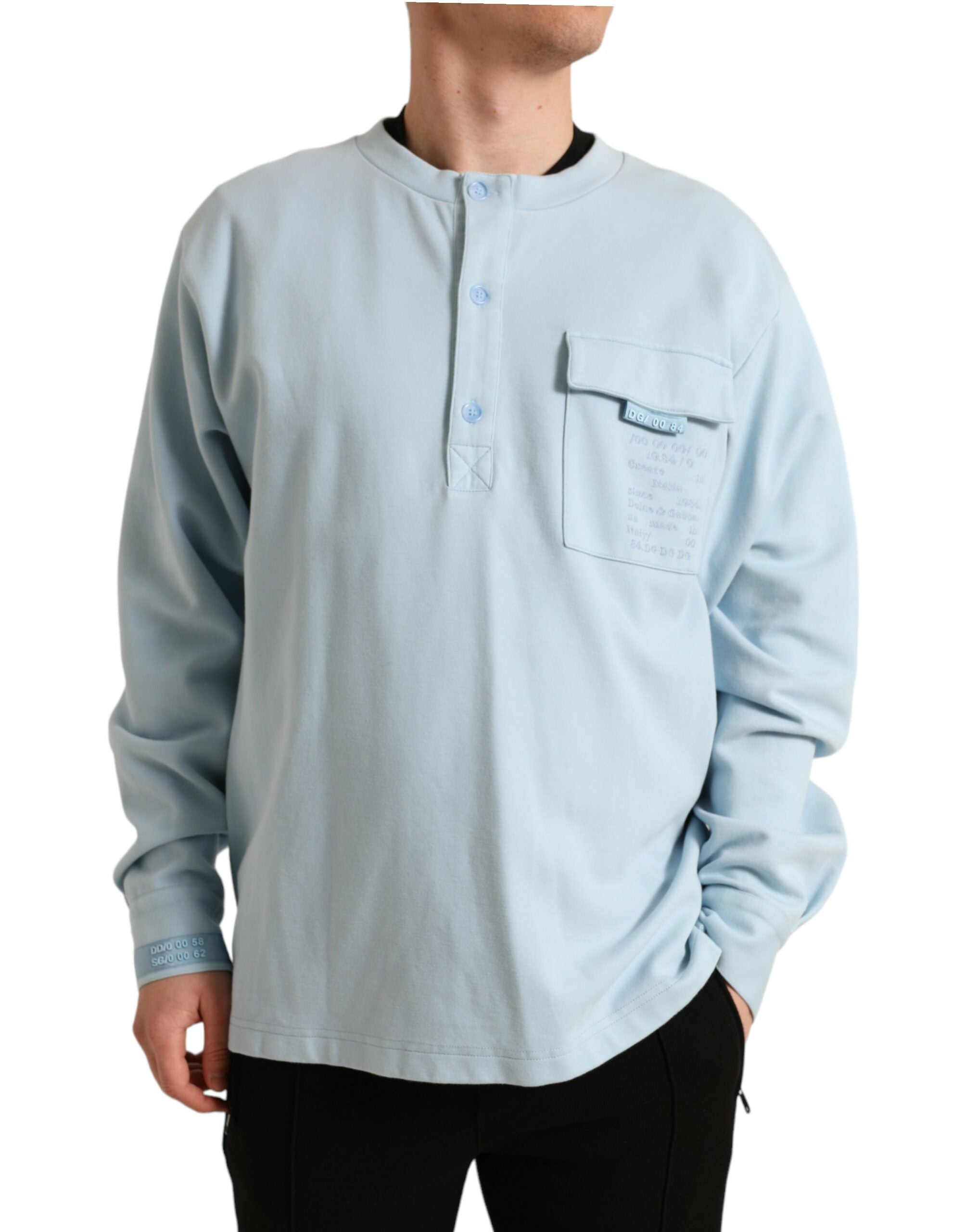 Light Blue Cotton Buttoned Pullover Sweater - ventzia