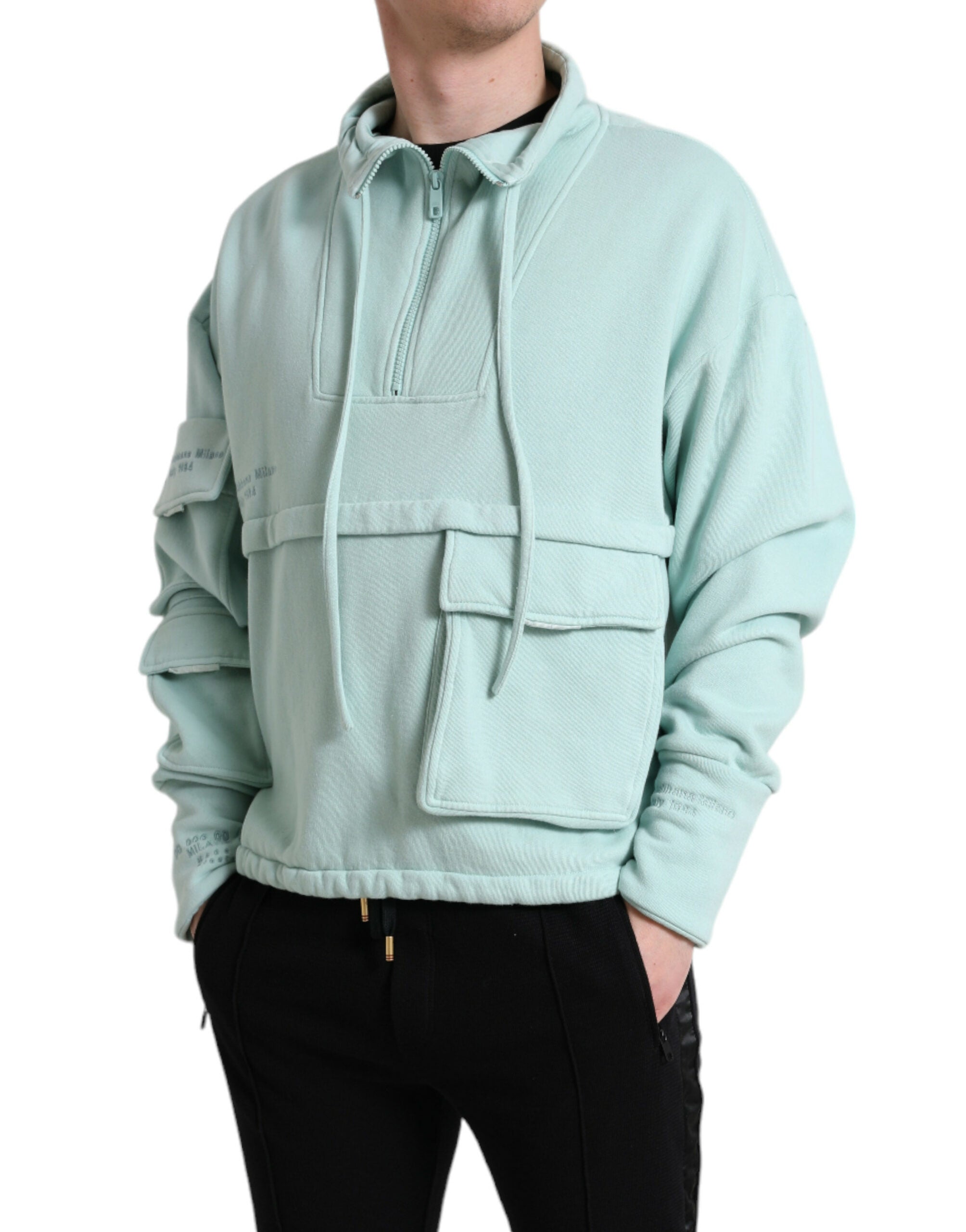 Mint Green Cotton Pockets Pullover Sweater - ventzia