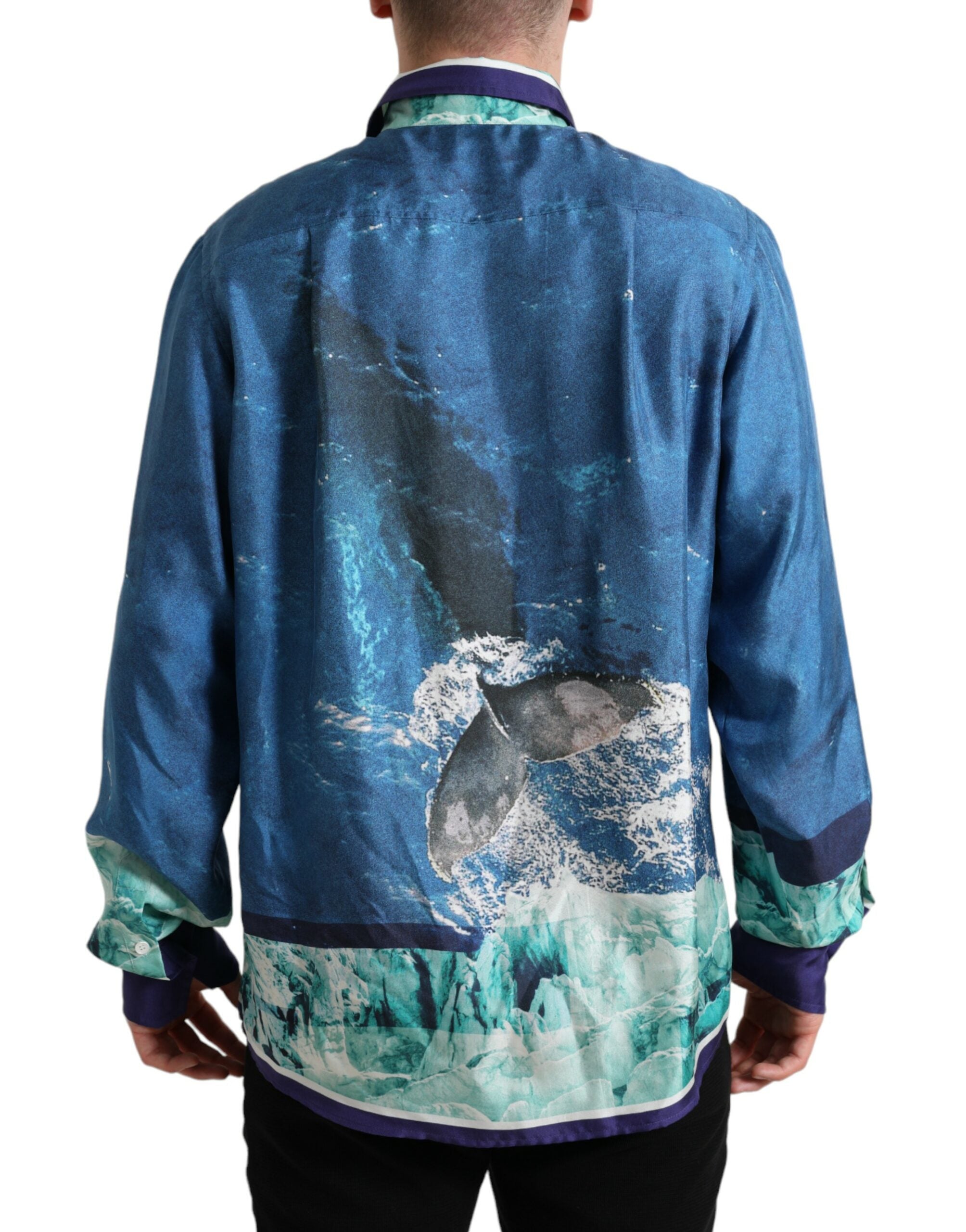 Blue Ocean Print Silk Collared Button Down Shirt - ventzia