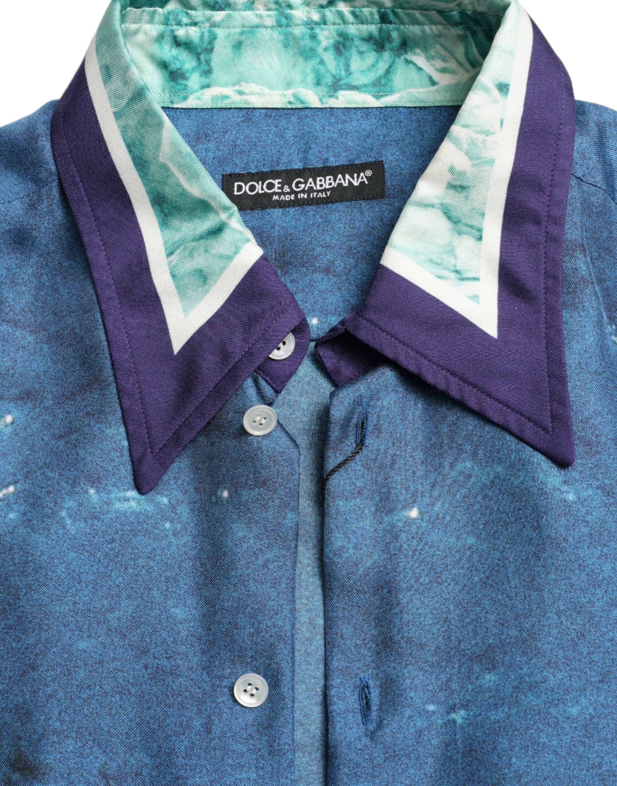 Blue Ocean Print Silk Collared Button Down Shirt - ventzia