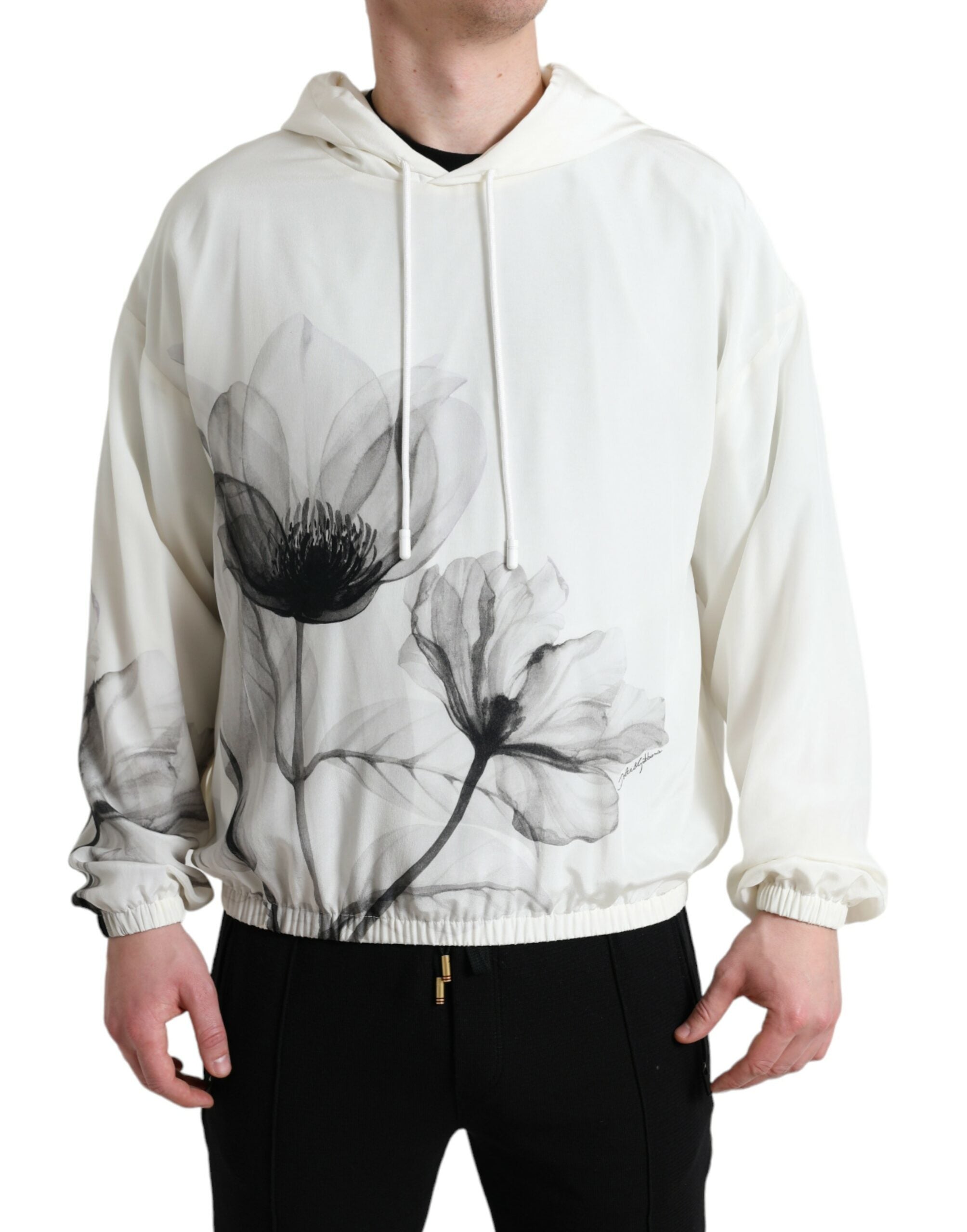 White Floral Print Hooded Pullover Sweater - ventzia