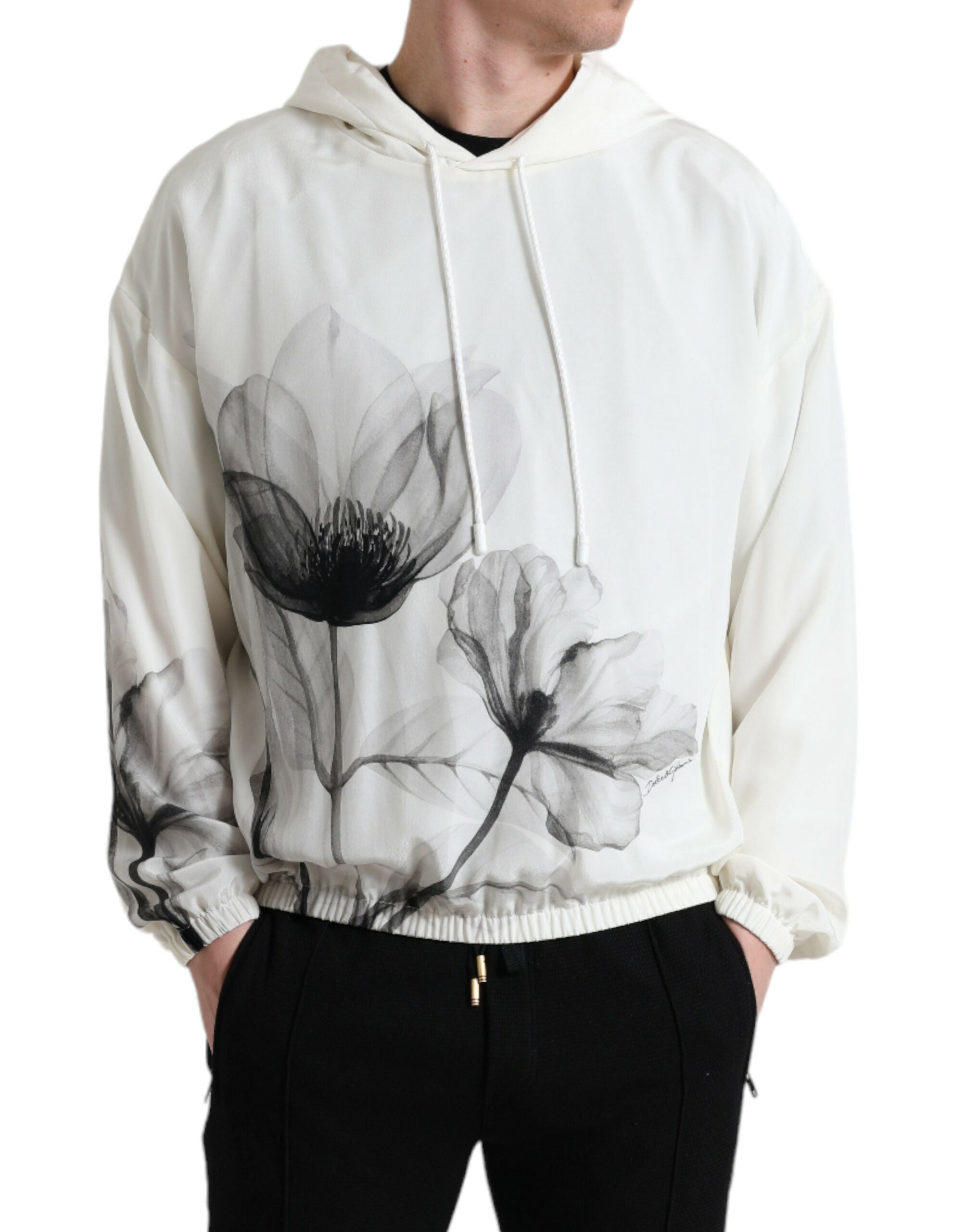 White Floral Print Hooded Pullover Sweater - ventzia