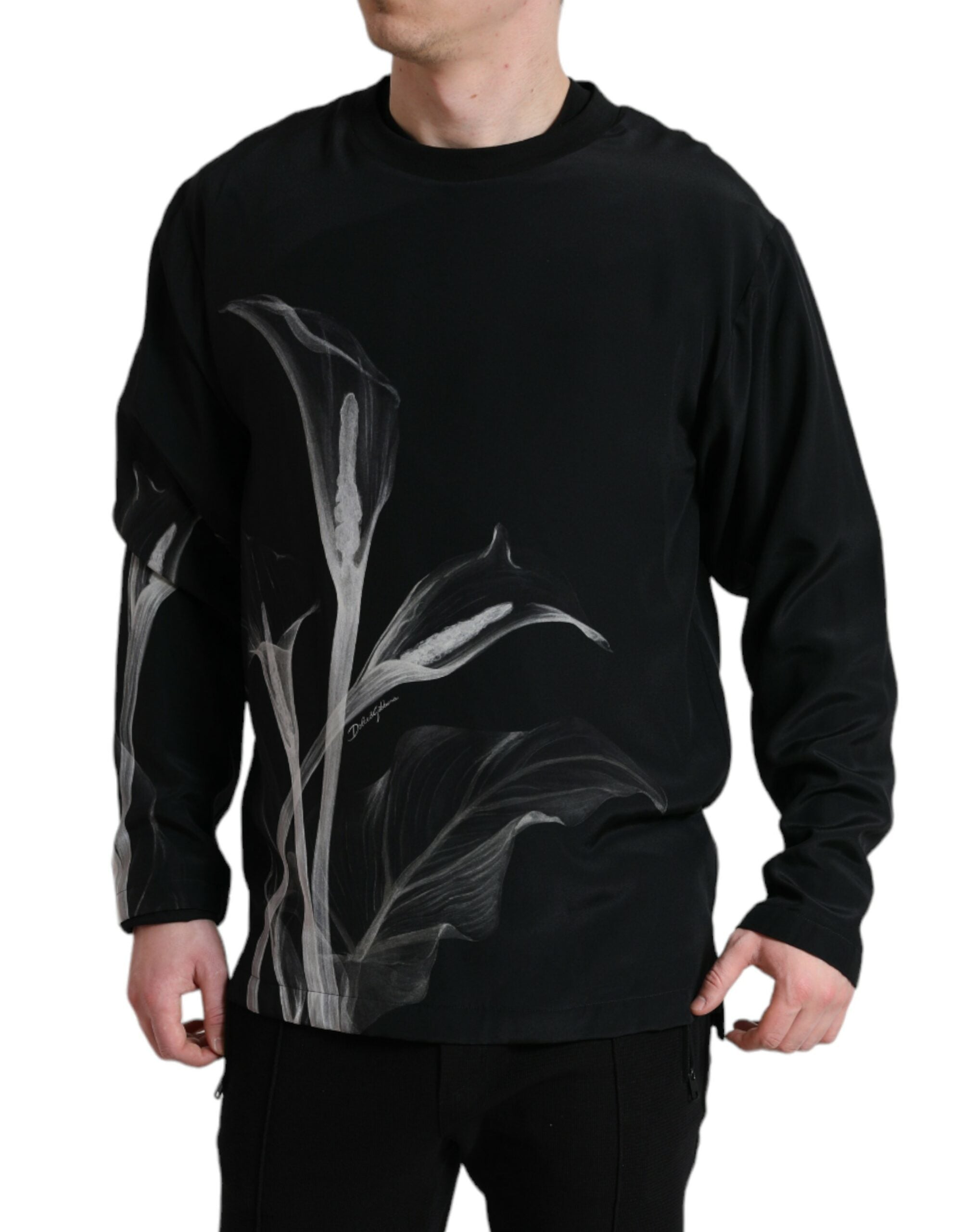 Black Floral Print Crewneck Pullover Sweater - ventzia