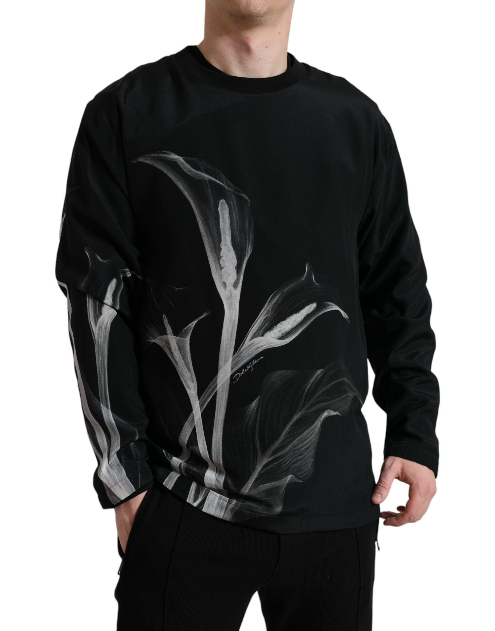 Black Floral Print Crewneck Pullover Sweater - ventzia