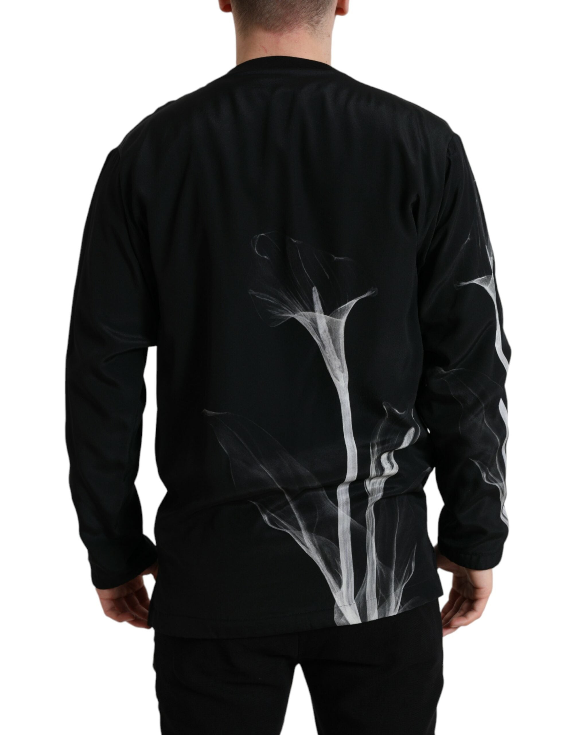 Black Floral Print Crewneck Pullover Sweater - ventzia