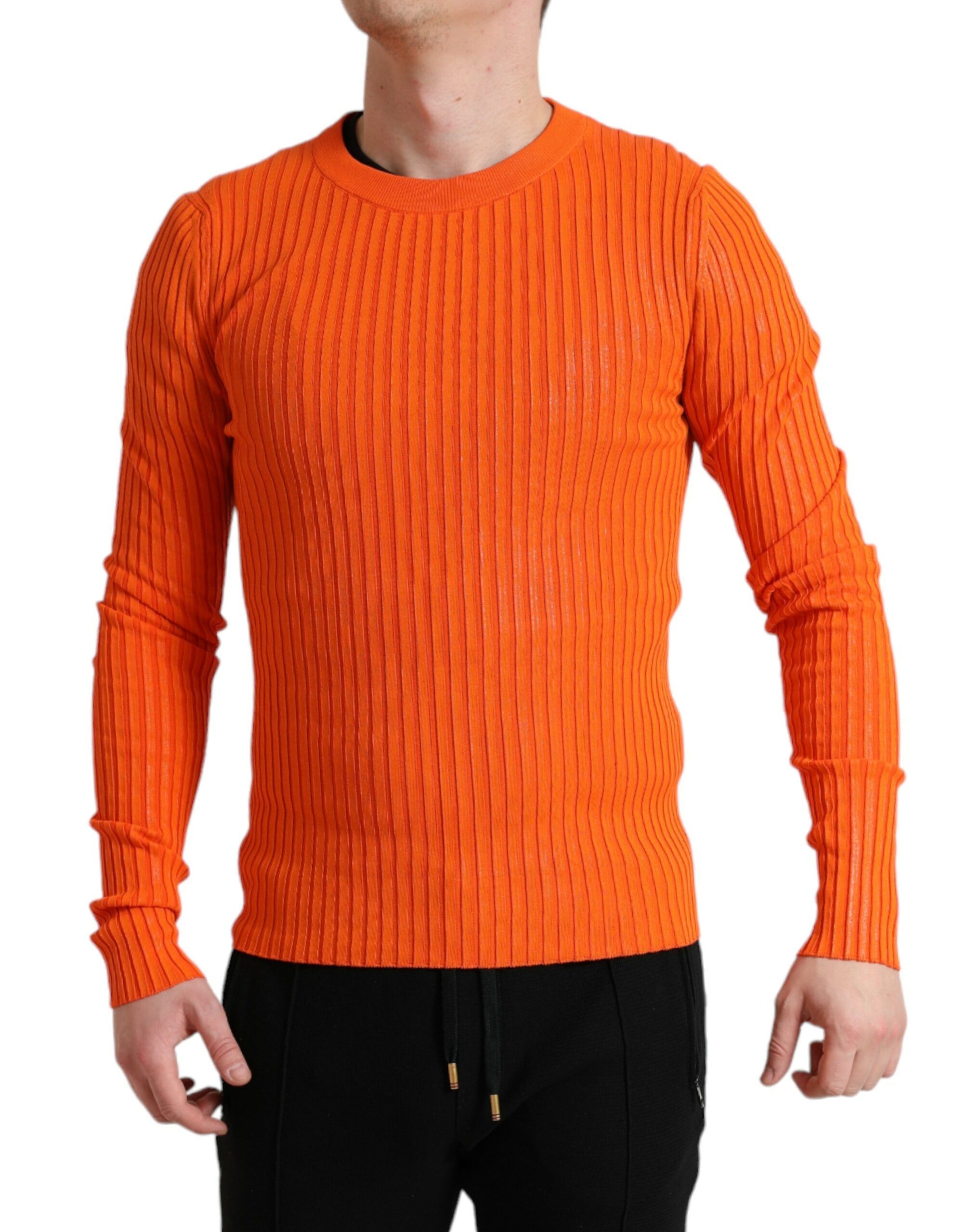 Orange Knitted Crewneck Men Pullover Sweater - ventzia