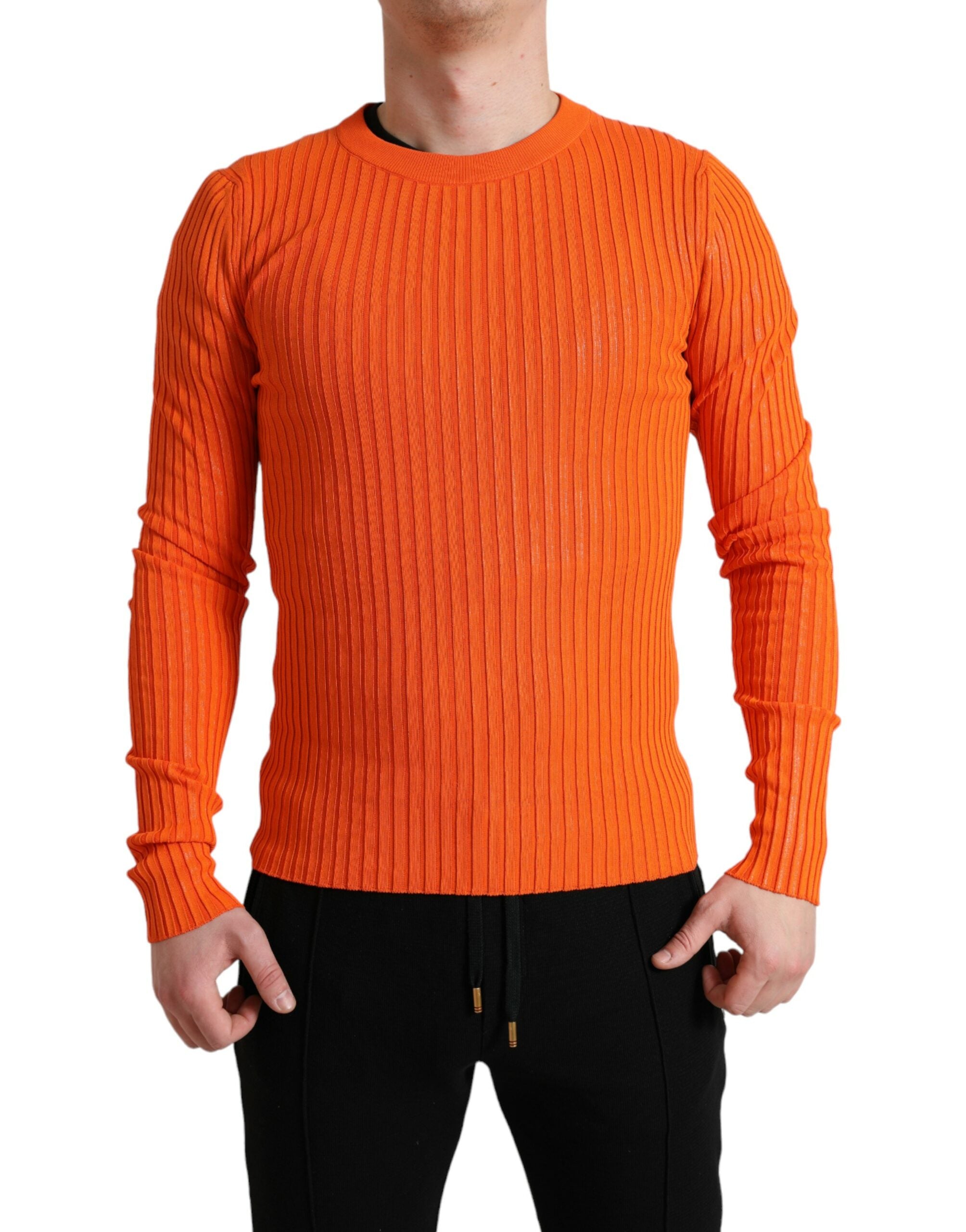 Orange Knitted Crewneck Men Pullover Sweater - ventzia