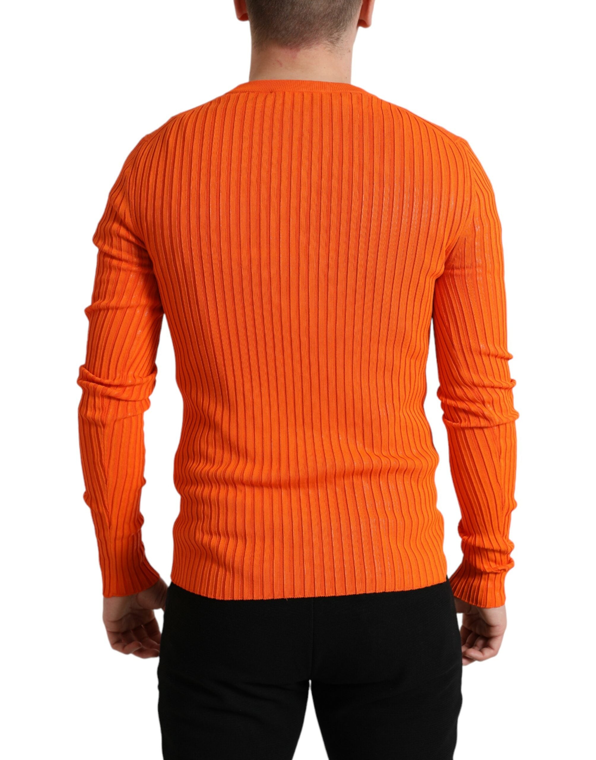 Orange Knitted Crewneck Men Pullover Sweater - ventzia