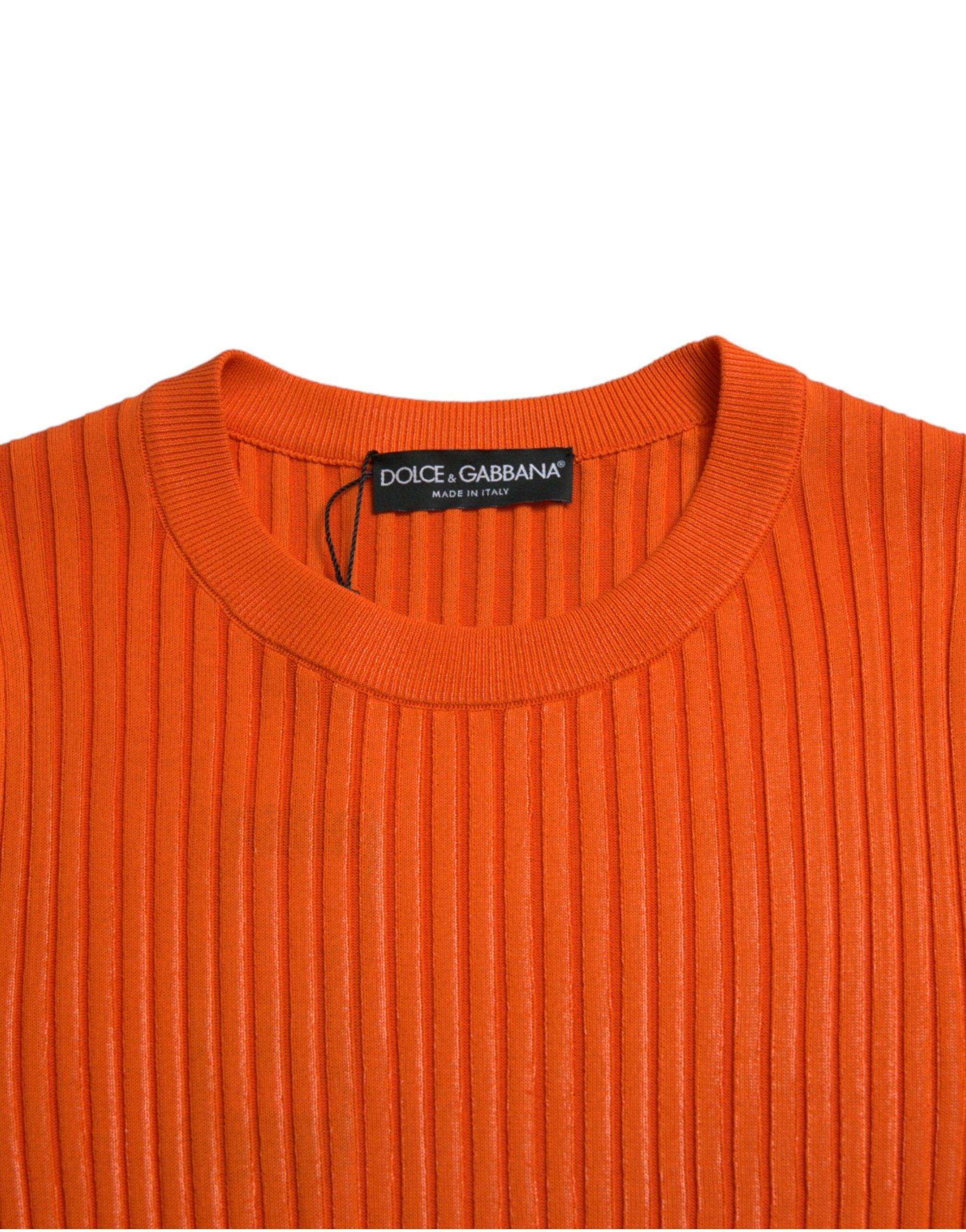 Orange Knitted Crewneck Men Pullover Sweater - ventzia