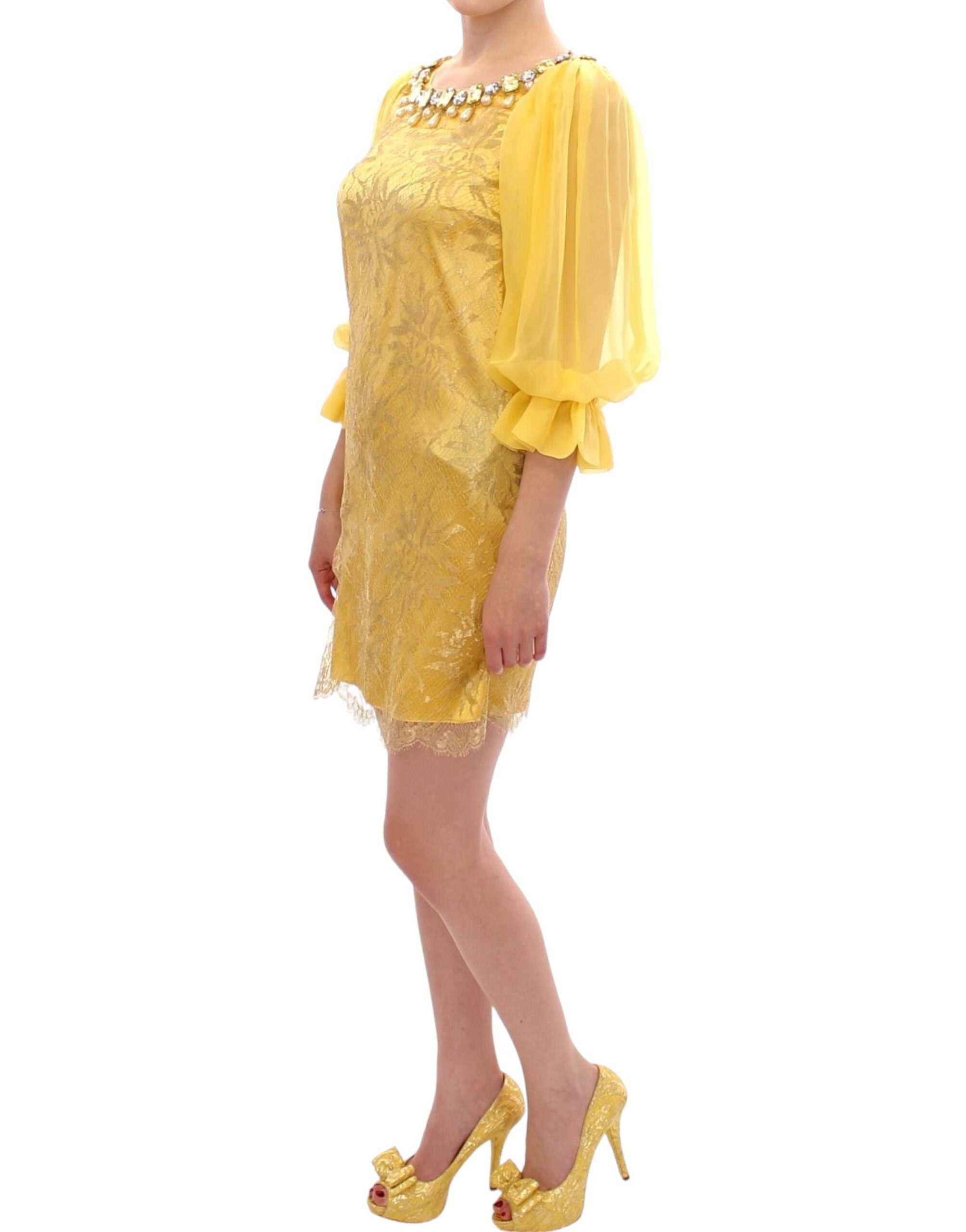 Yellow Lace Crystal Embellished Mini Dress - ventzia