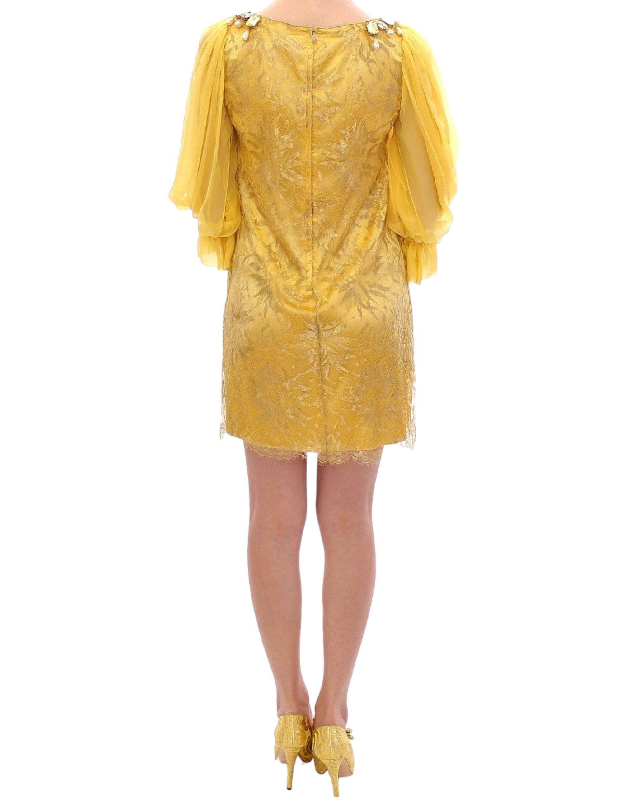 Yellow Lace Crystal Embellished Mini Dress - ventzia