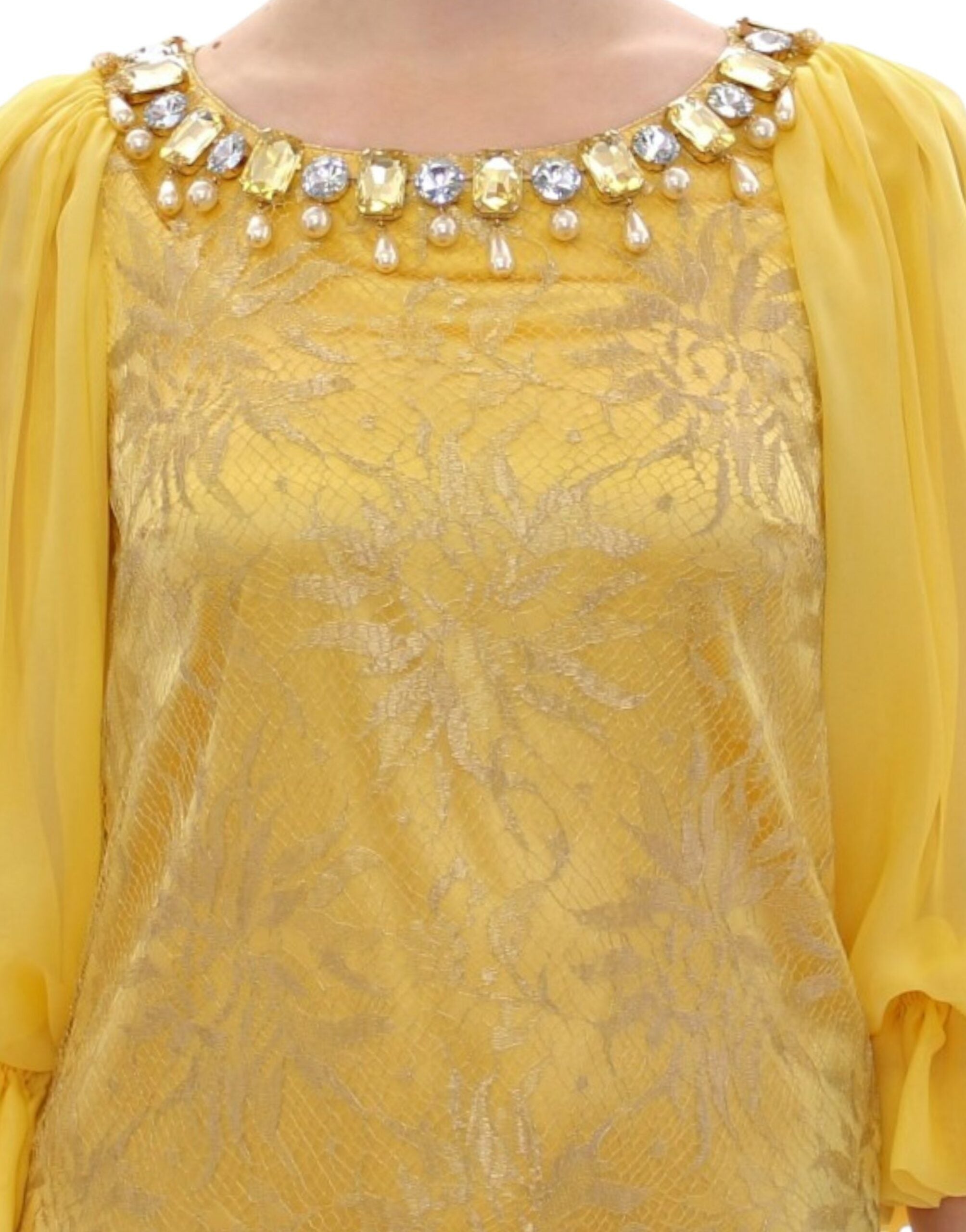 Yellow Lace Crystal Embellished Mini Dress - ventzia