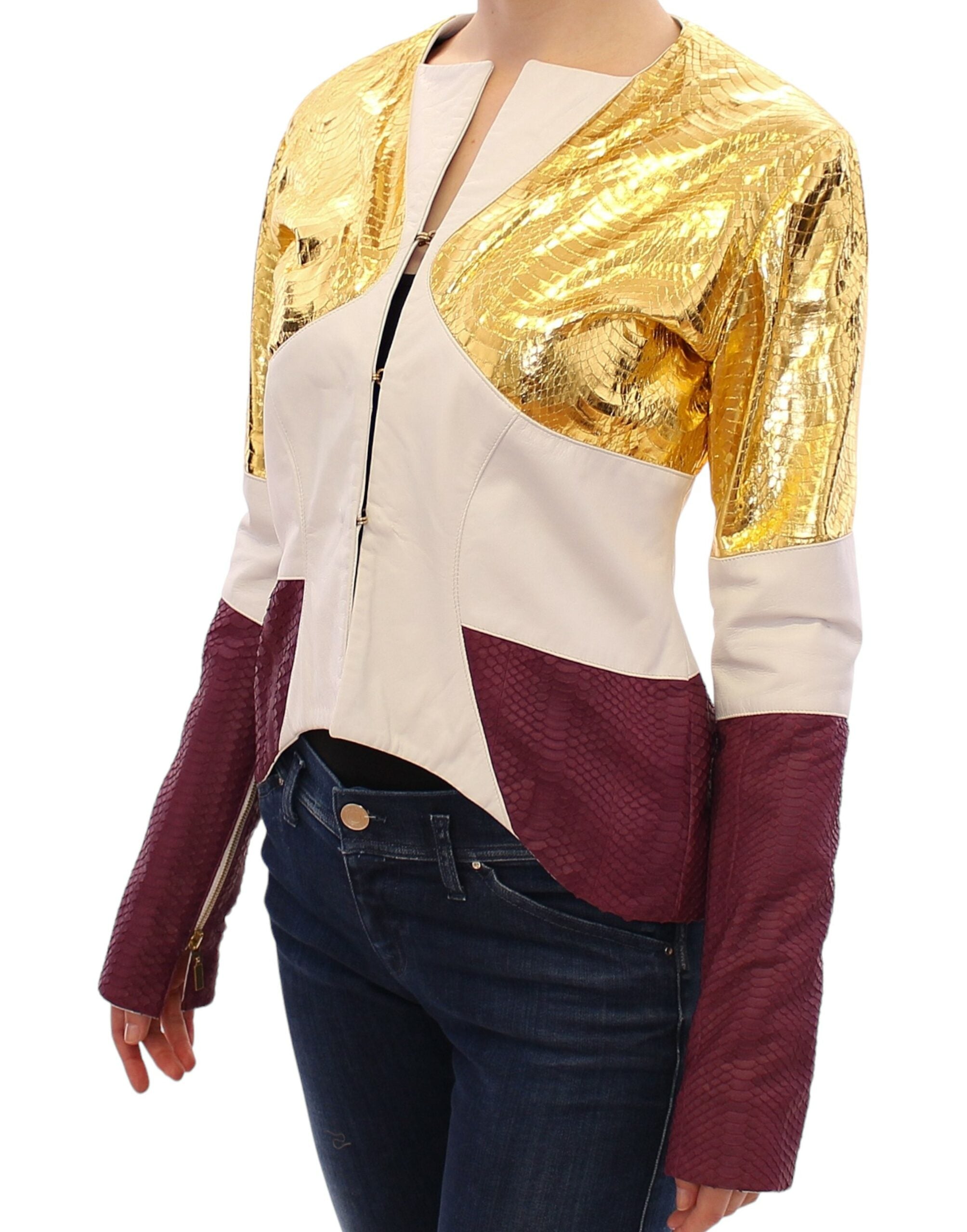 Elegant Metallic Croc Print Leather Jacket - ventzia