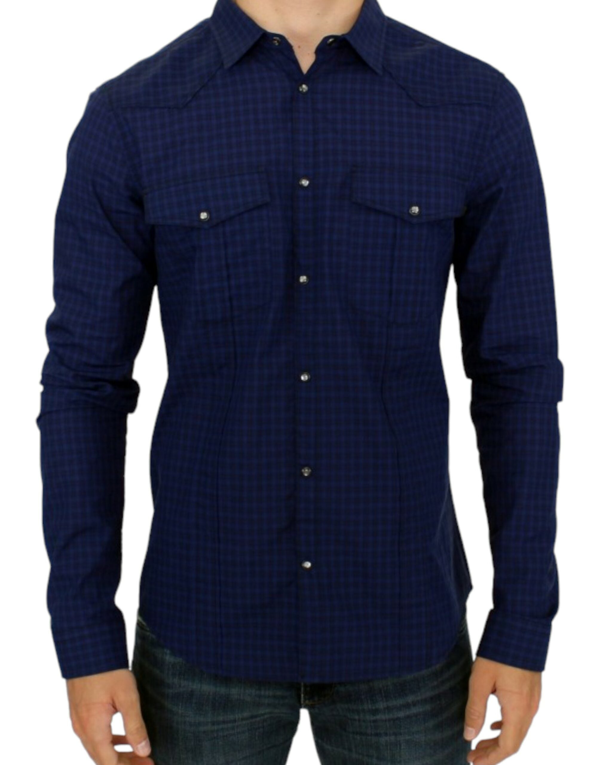 Chic Blue Checkered Casual Cotton Shirt - ventzia