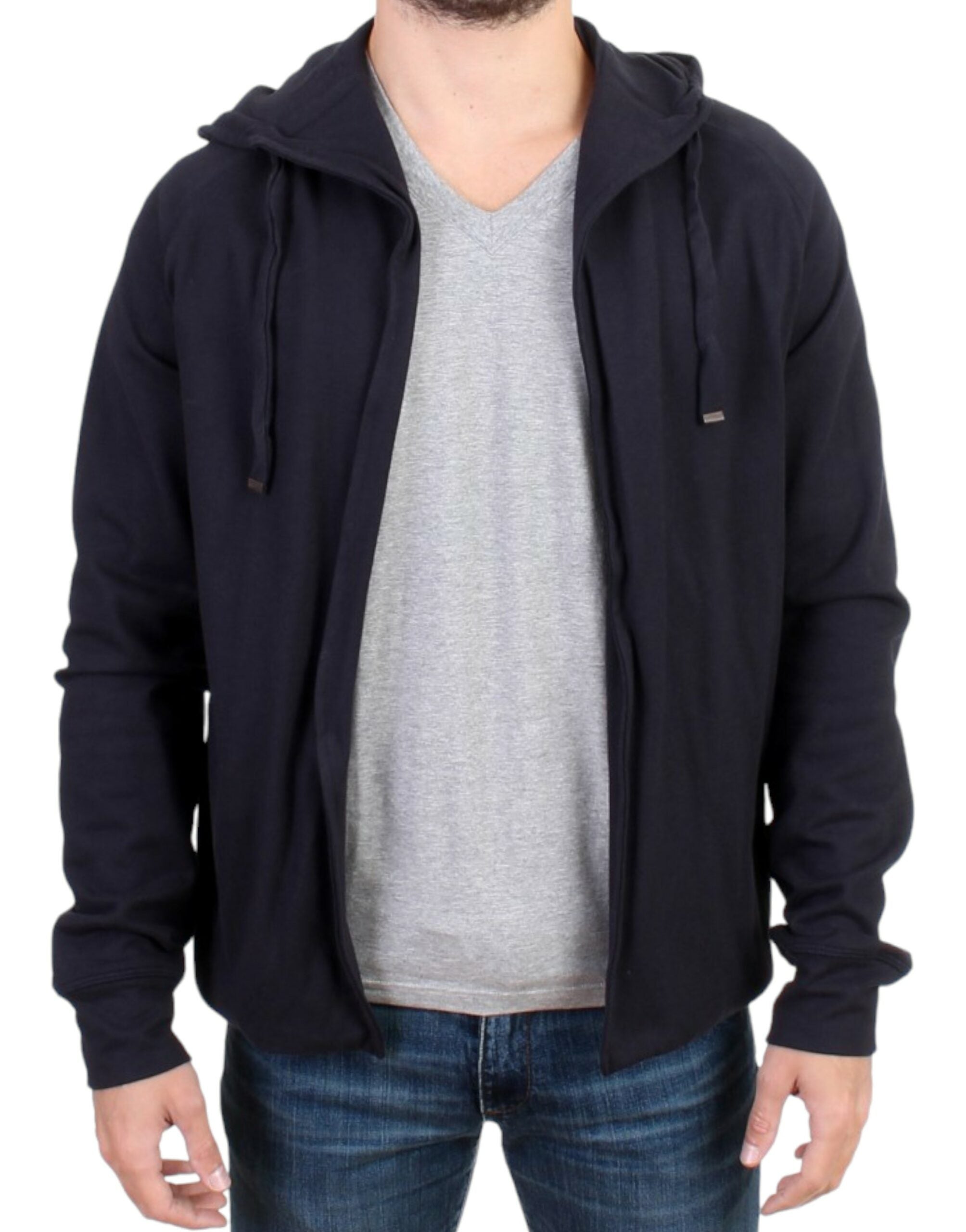 Elegant Blue Hooded Cotton Sweater - ventzia