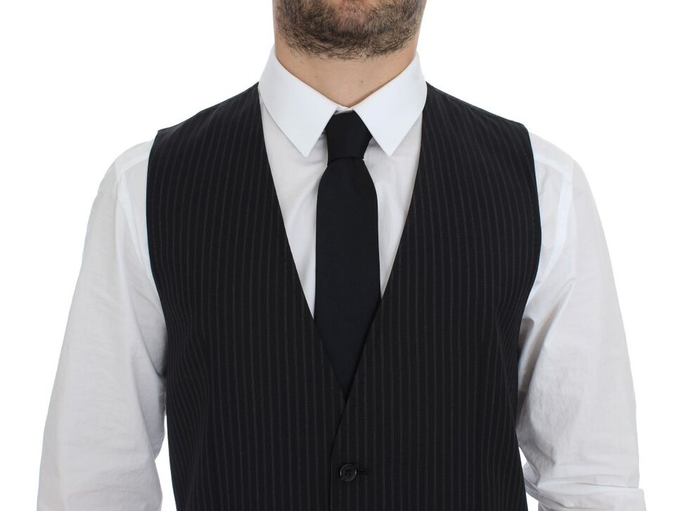Elegant Gray Striped Dress Vest - ventzia