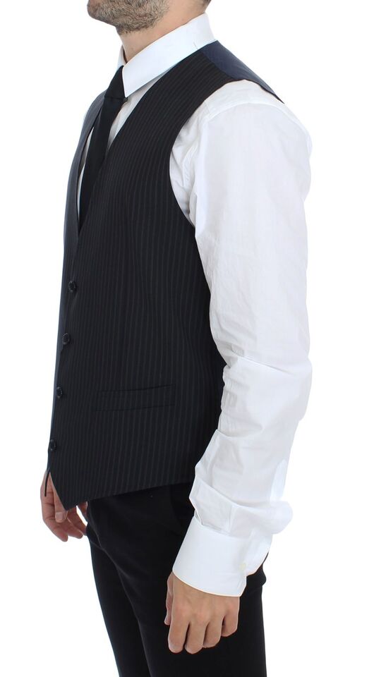 Elegant Gray Striped Dress Vest - ventzia