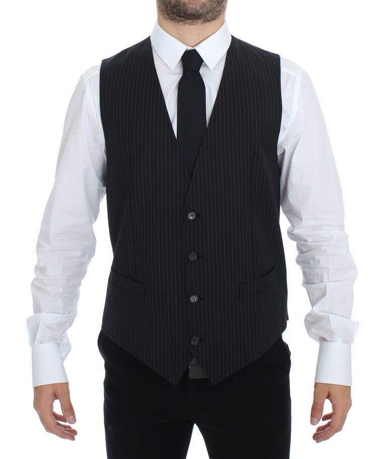 Elegant Gray Striped Dress Vest - ventzia