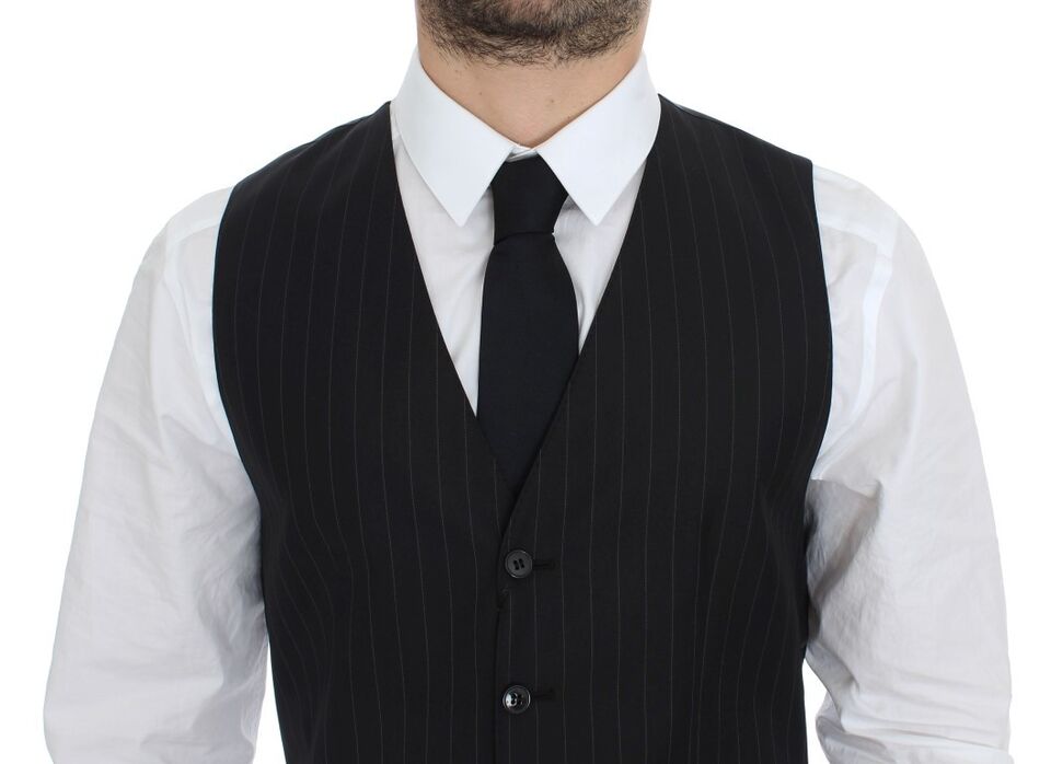 Chic Black Striped Wool Silk Dress Vest - ventzia