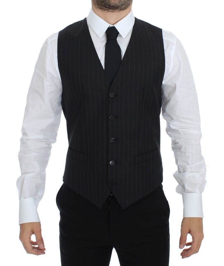 Chic Black Striped Wool Silk Dress Vest - ventzia