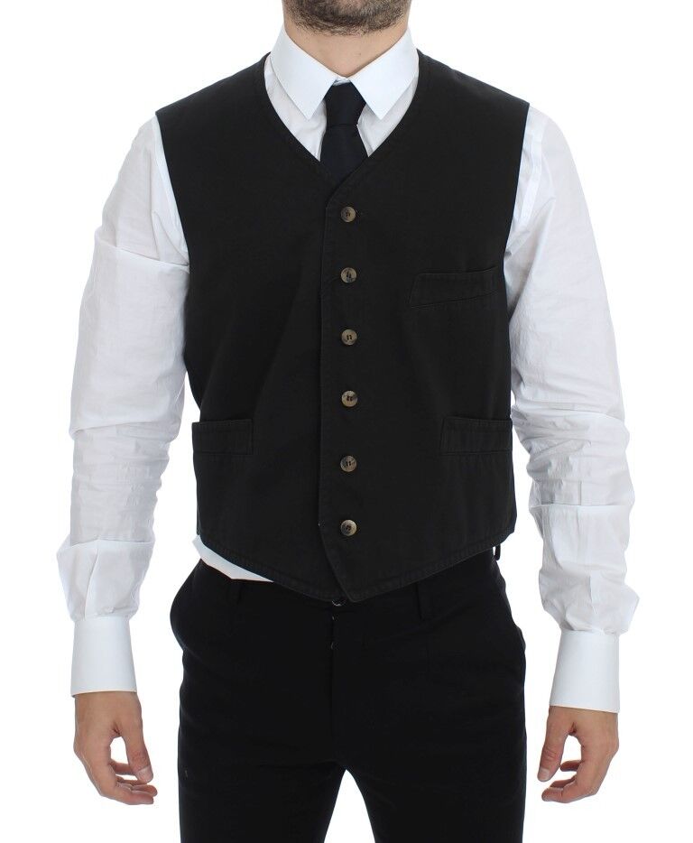 Elegant Black Cotton Blend Dress Vest - ventzia