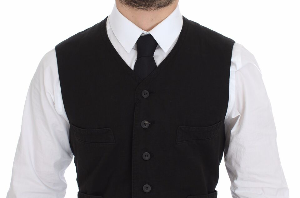 Elegant Black Cotton Blend Dress Vest - ventzia