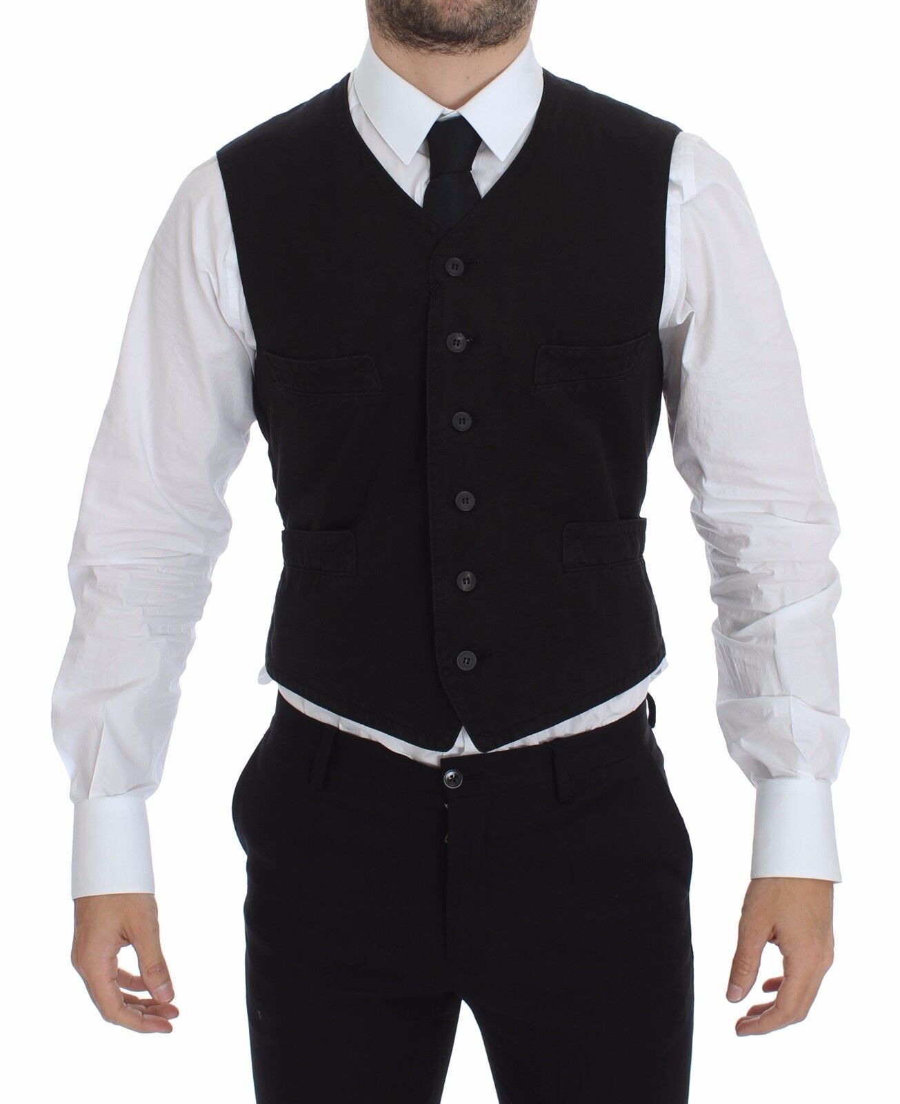 Elegant Black Cotton Blend Dress Vest - ventzia