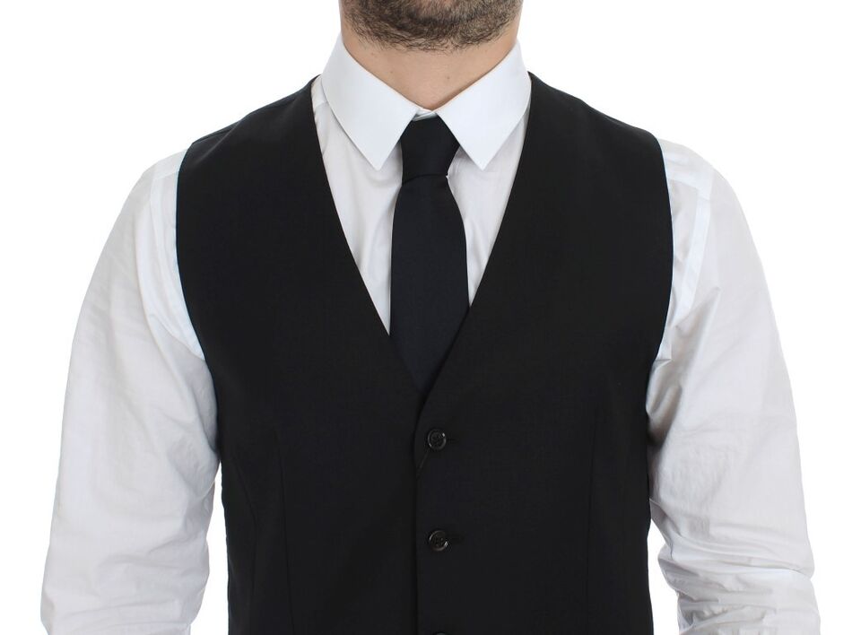 Elegant Black Wool Silk Dress Vest - ventzia