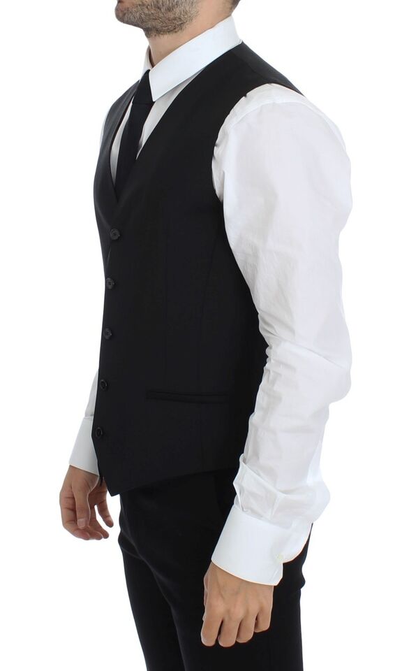 Elegant Black Wool Silk Dress Vest - ventzia