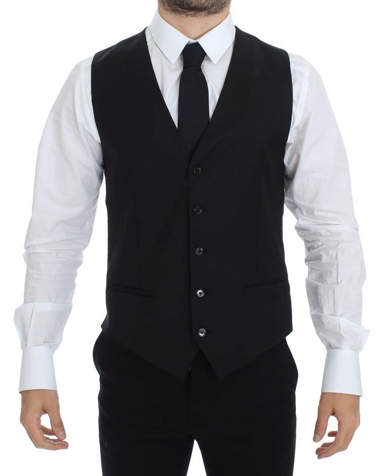 Elegant Black Wool Silk Dress Vest - ventzia