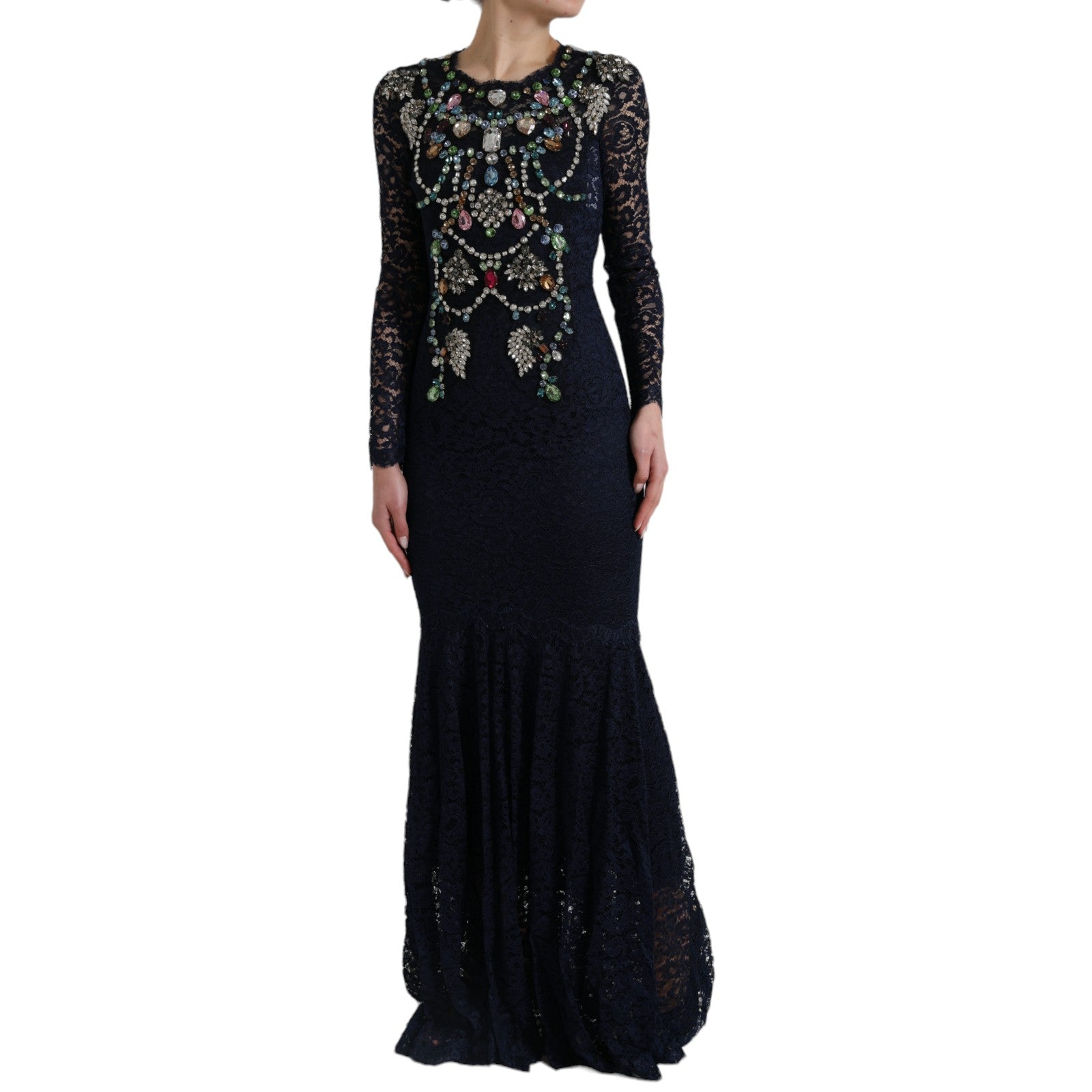 Crystal Embellished Navy Blue Flare Dress - ventzia