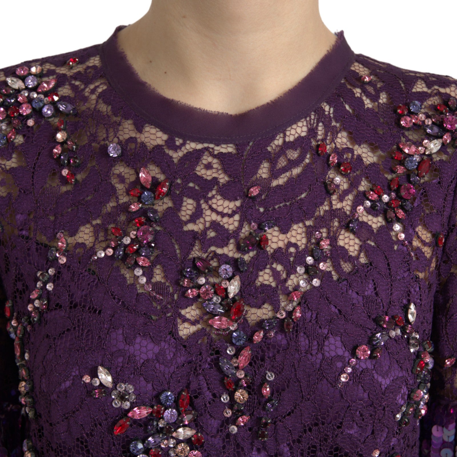 Elegant Purple Floral Lace Crystal Dress - ventzia