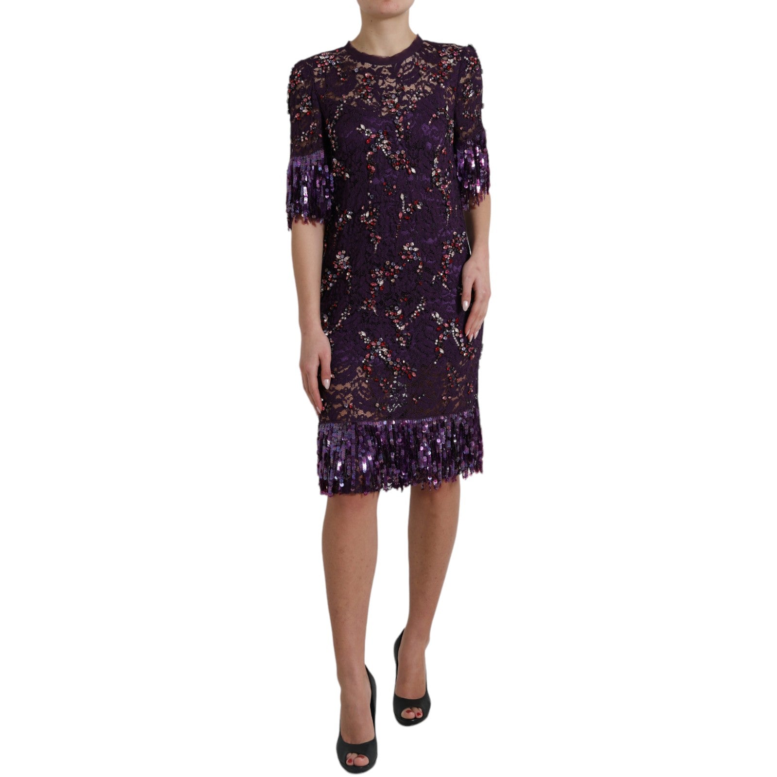 Elegant Purple Floral Lace Crystal Dress - ventzia