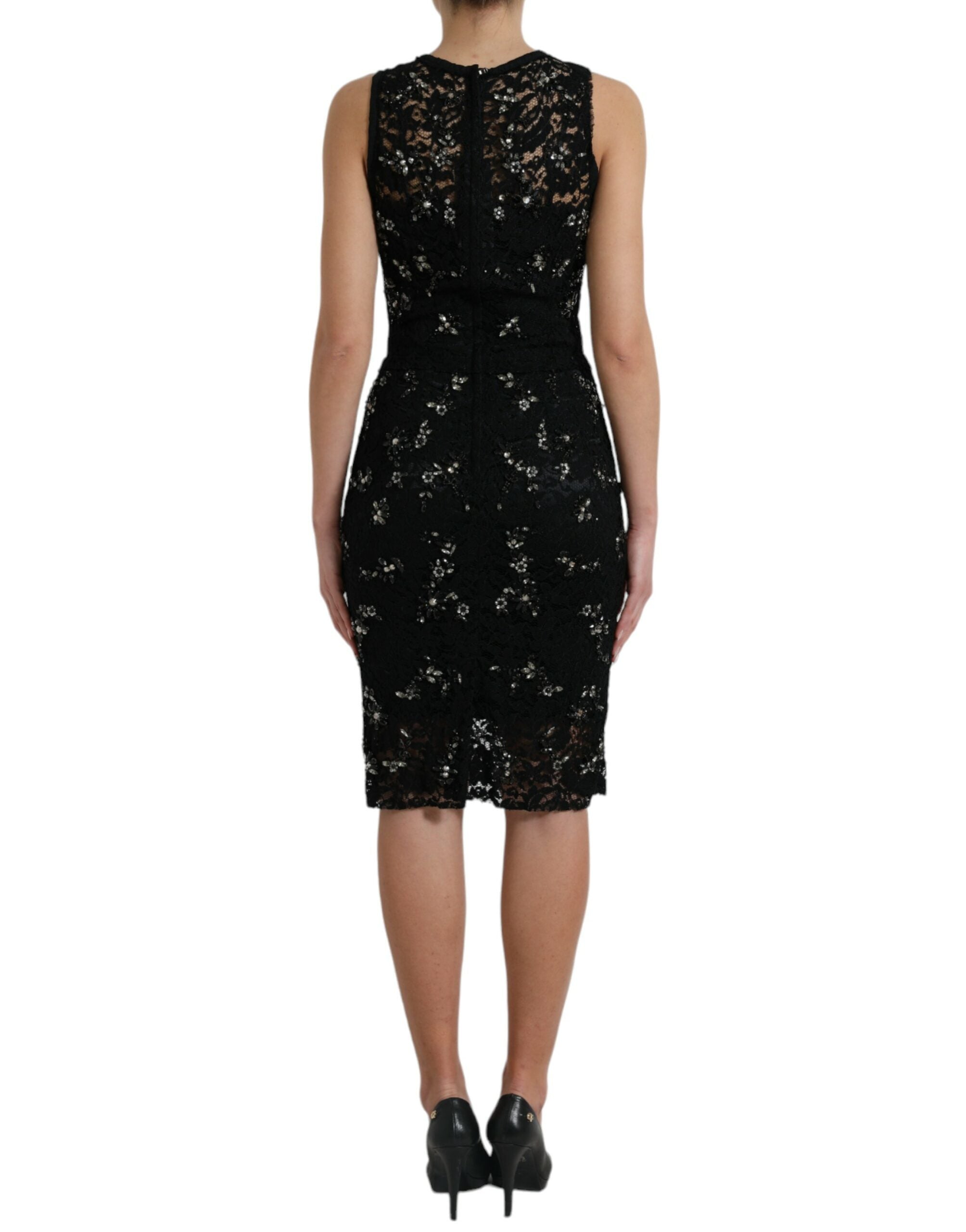 Exquisite Black Floral Lace Crystal Sheath Dress - ventzia