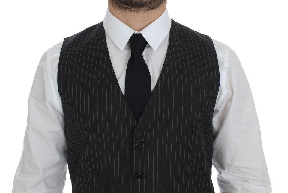 Elegant Gray Striped Wool Dress Vest - ventzia