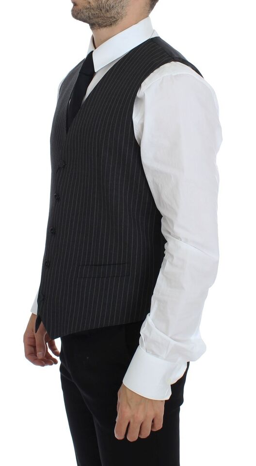 Elegant Gray Striped Wool Dress Vest - ventzia