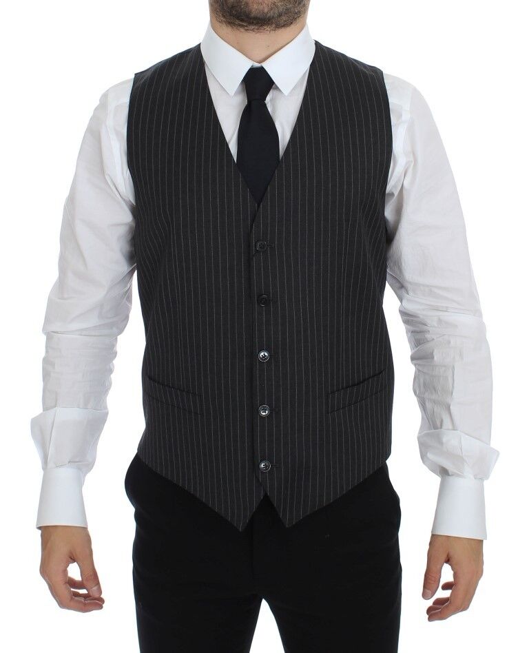Elegant Gray Striped Wool Dress Vest - ventzia